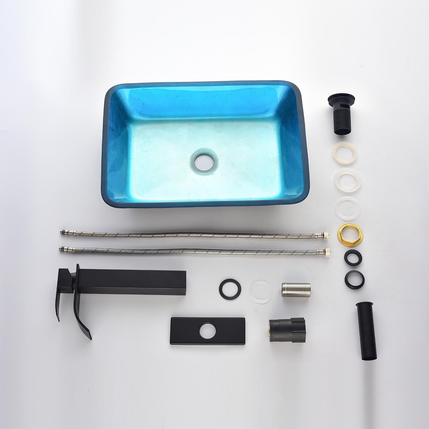 18.125" L 13.0" W 4 1 8" H Handmade Countertop Glass Rectangular Vessel Bathroom Sink Set In Turquoise Finish With Matte Black Single Handle Single Hole Faucet And Pop Up Drain Turquoise Glass