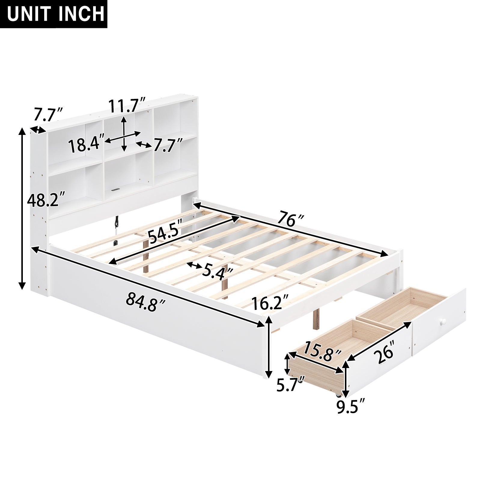 Full Size Platform Bed With Storage Headboard, Charging Station And 2 Drawers, White Box Spring Not Required Full White Wood Bedroom Bed Frame Solid Wood Mdf