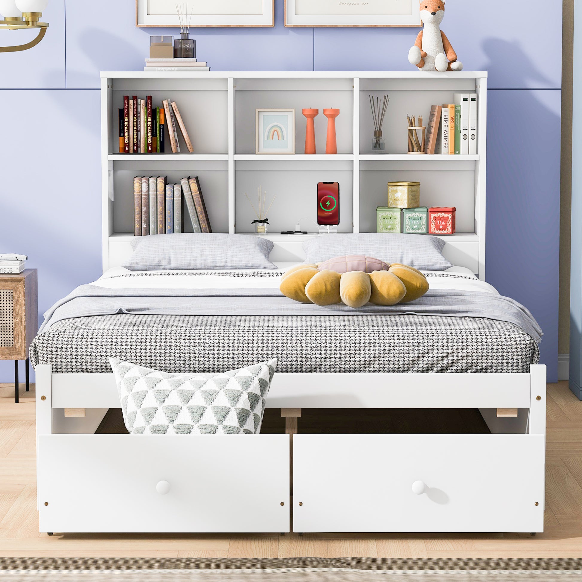 Full Size Platform Bed With Storage Headboard, Charging Station And 2 Drawers, White Box Spring Not Required Full White Wood Bedroom Bed Frame Solid Wood Mdf
