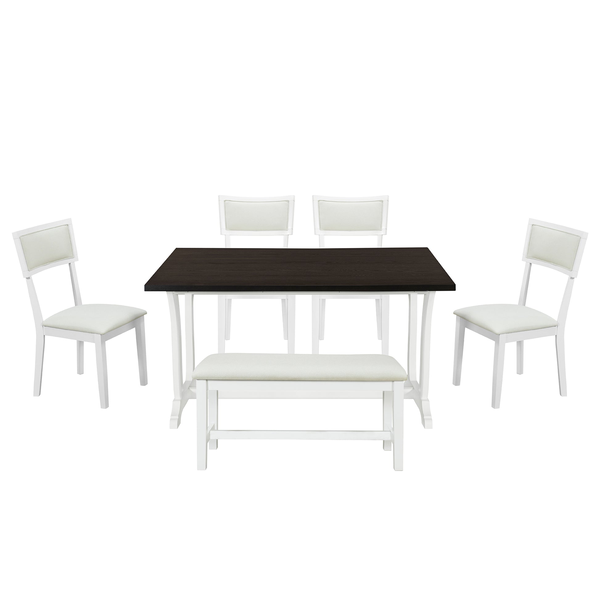 Farmhouse 6 Piece Trestle Dining Table Set With Upholstered Dining Chairs And Bench, 59Inch, White White Wood Dining Room Solid Wood Rubberwood Rectangular Dining Table With Chair And Bench Upholstered Chair Wood White Seats 6 Farmhouse Trestle Foam