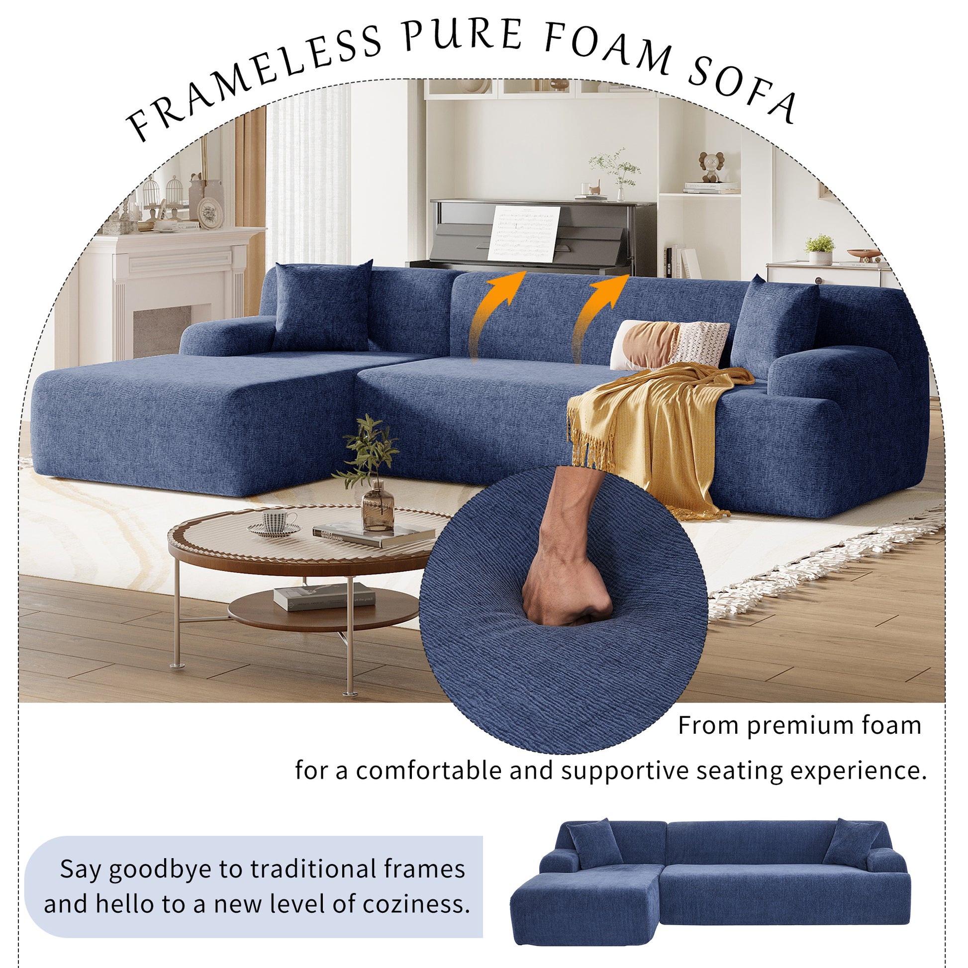 Modern Large L Shape Modular Sectional Sofa For Living Room, Bedroom, Salon, 2 Piece Free Combination, Simplified Style Blue Polyester 3 Seat