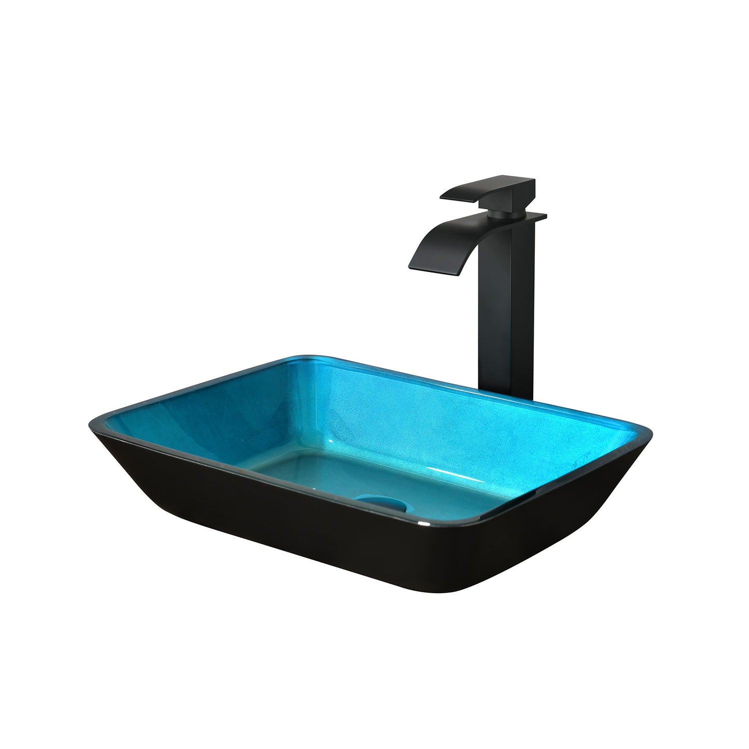 18.125" L 13.0" W 4 1 8" H Handmade Countertop Glass Rectangular Vessel Bathroom Sink Set In Turquoise Finish With Matte Black Single Handle Single Hole Faucet And Pop Up Drain Turquoise Glass