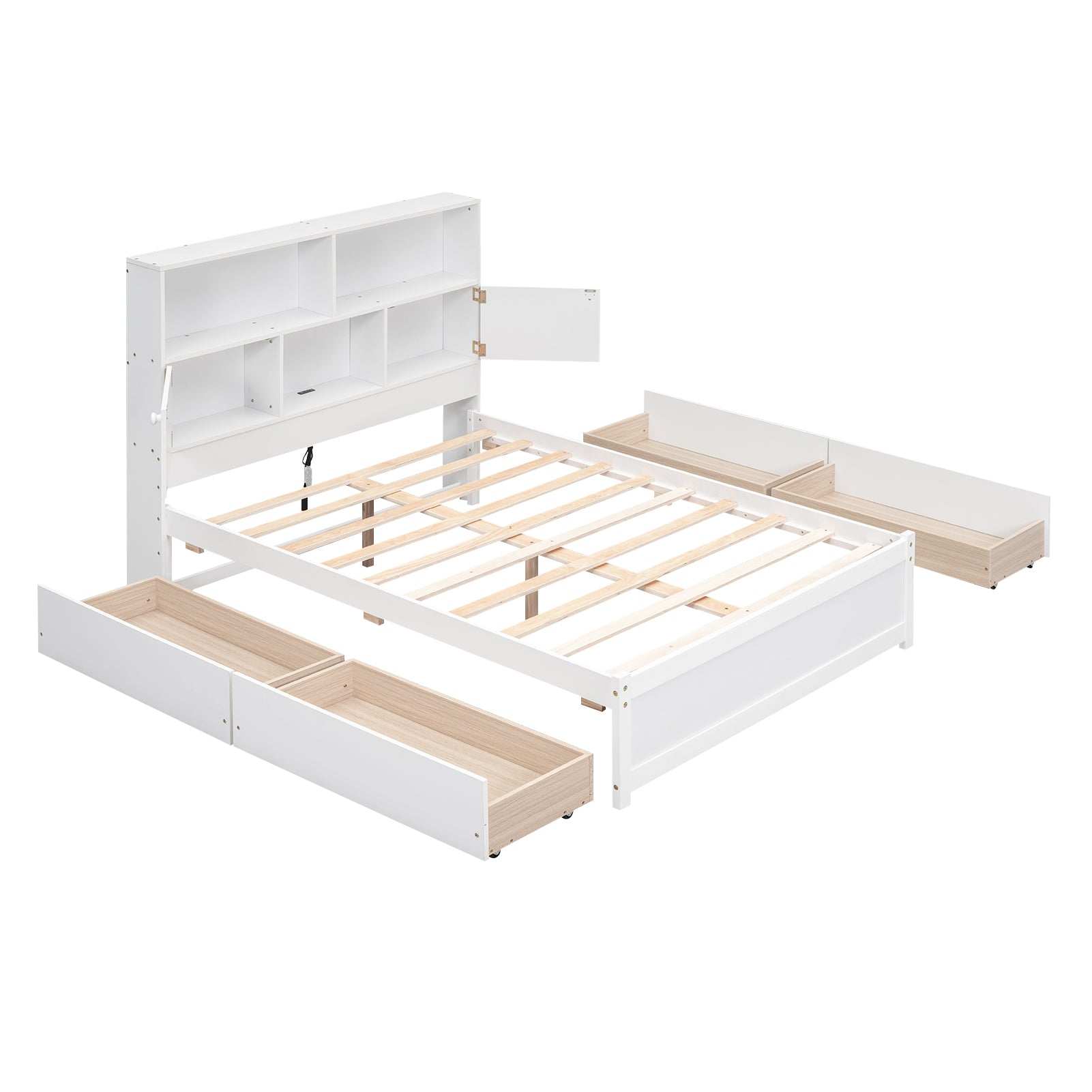 Full Size Platform Bed With Storage Headboard, Charging Station And 4 Drawers, White Box Spring Not Required Full White Wood Bedroom Bed Frame Solid Wood Mdf