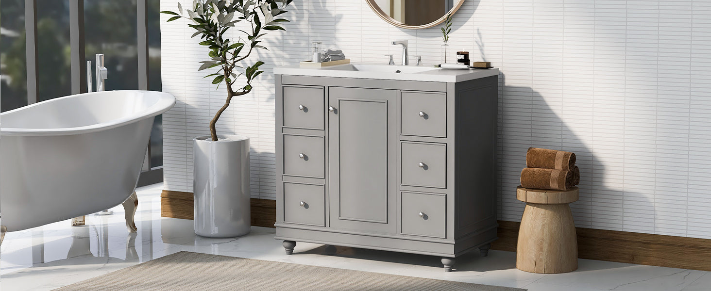 Contemporary Gray Bathroom Vanity Cabinet 36X18X34 Inches, 4 Drawers & 1 Cabinet Door, Multipurpose Storage, Resin Integrated Sink, Adjustable Shelves, Solid Wood Frame With Mdf Gray Modern Solid Wood Mdf Resin