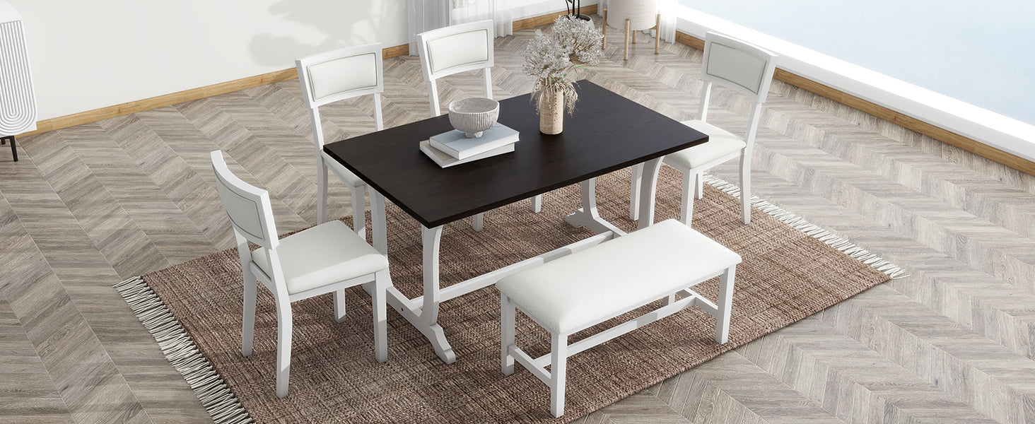 Farmhouse 6 Piece Trestle Dining Table Set With Upholstered Dining Chairs And Bench, 59Inch, White White Wood Dining Room Solid Wood Rubberwood Rectangular Dining Table With Chair And Bench Upholstered Chair Wood White Seats 6 Farmhouse Trestle Foam