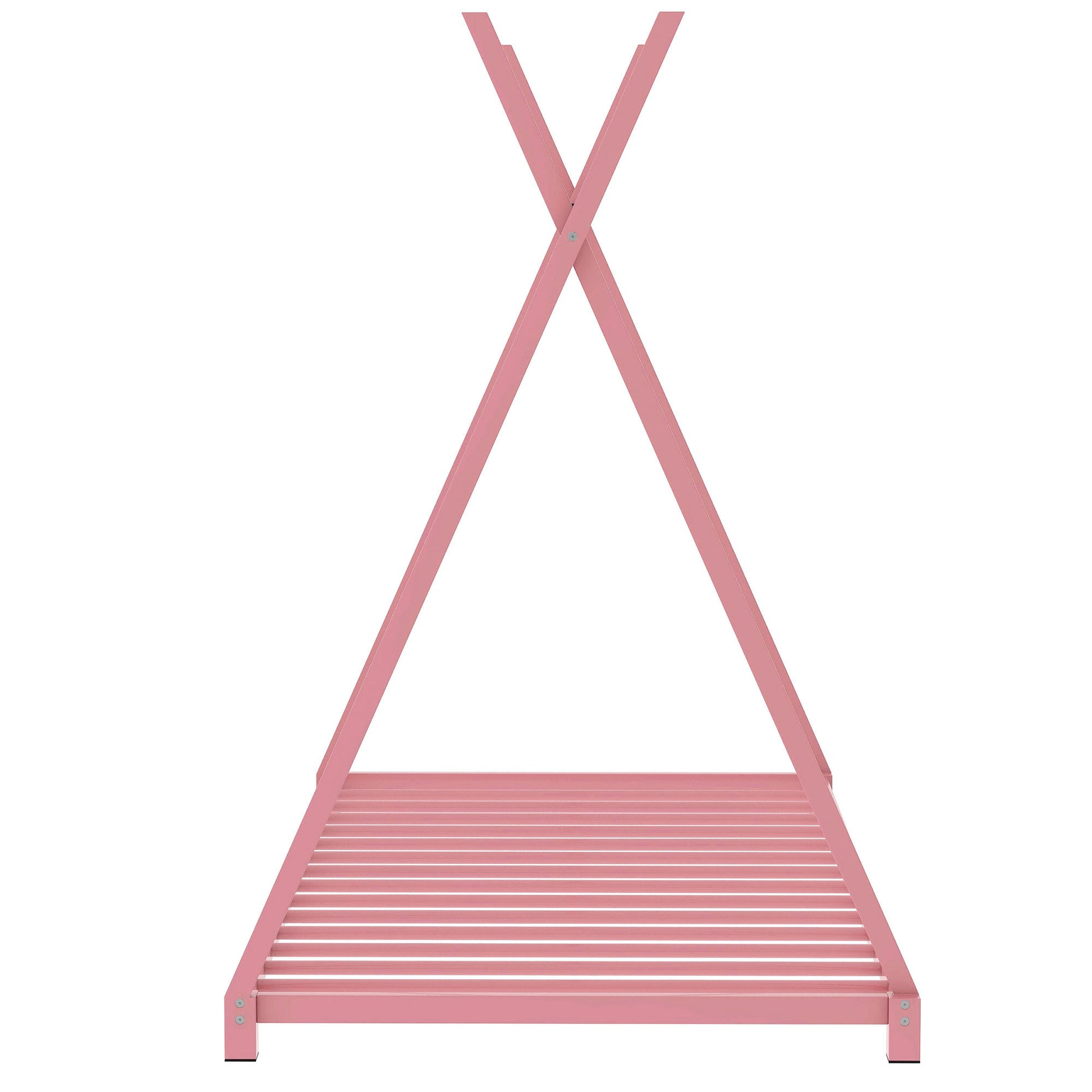 Metal Twin Size House Platform Bed With Triangle Structure, Pink Pink Metal