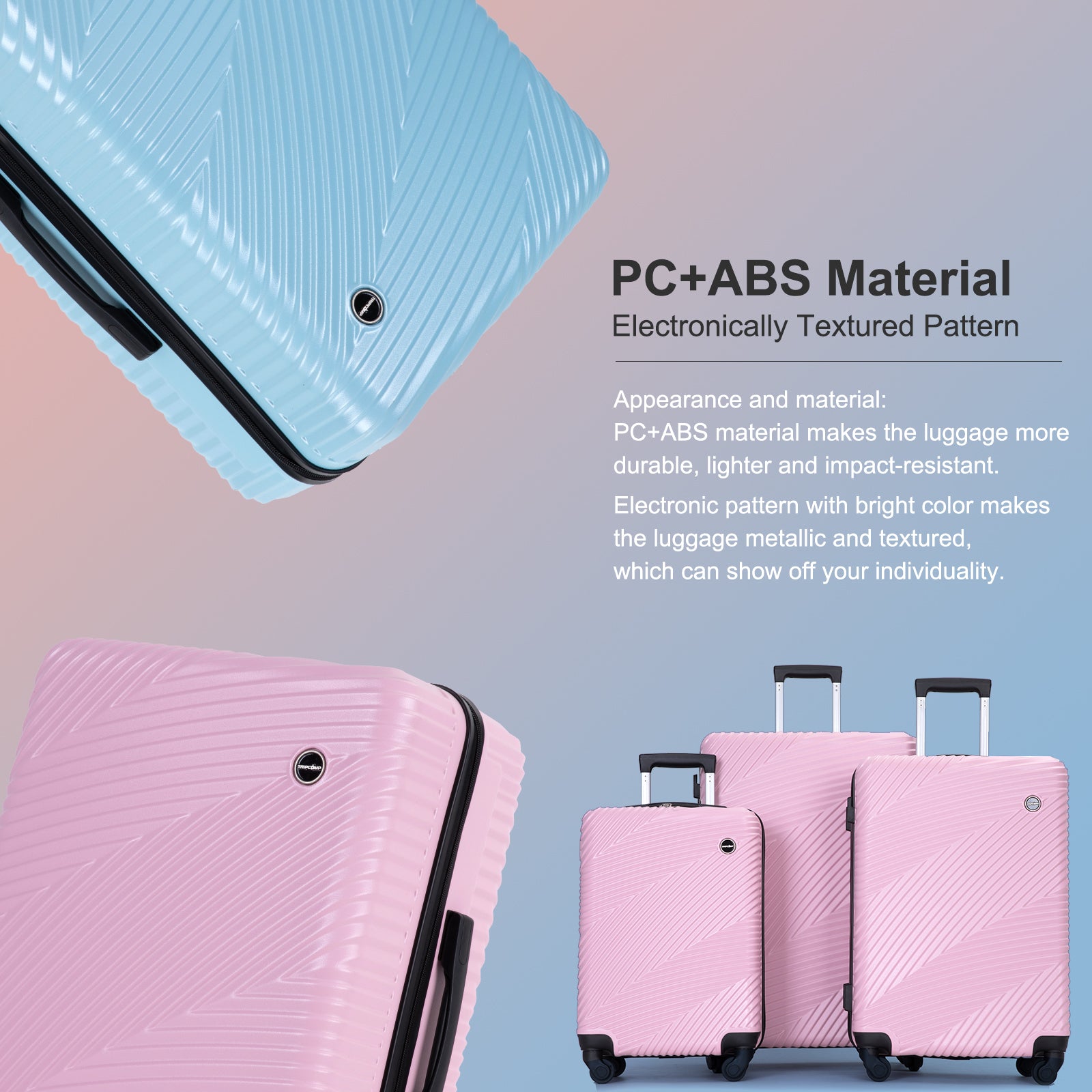 3 Piece Luggage Sets PC ABS Lightweight Suitcase with pink-abs+pc