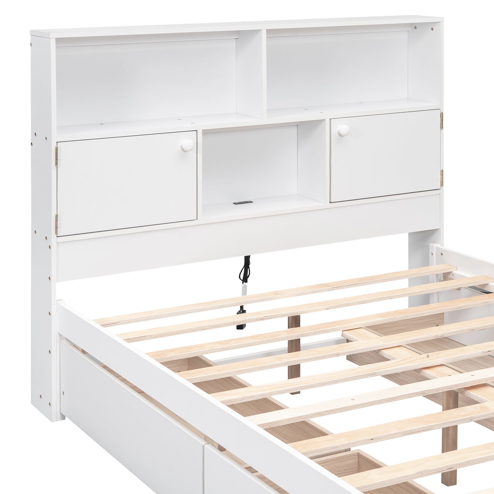 Full Size Platform Bed With Storage Headboard, Charging Station And 4 Drawers, White Box Spring Not Required Full White Wood Bedroom Bed Frame Solid Wood Mdf