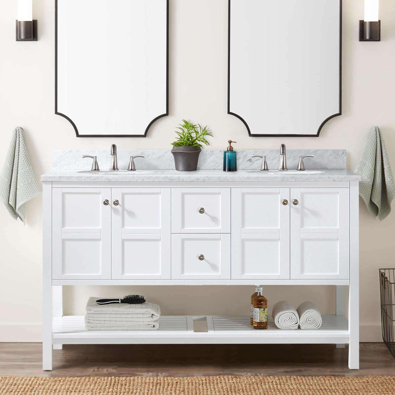 60 In Bathroom Vanity Base Cabinet Only, Double Sink Configuration,With Soft Closing Doors And Full Extension Dovetail Drawers Freestanding Bathroom Storage In White White Plywood