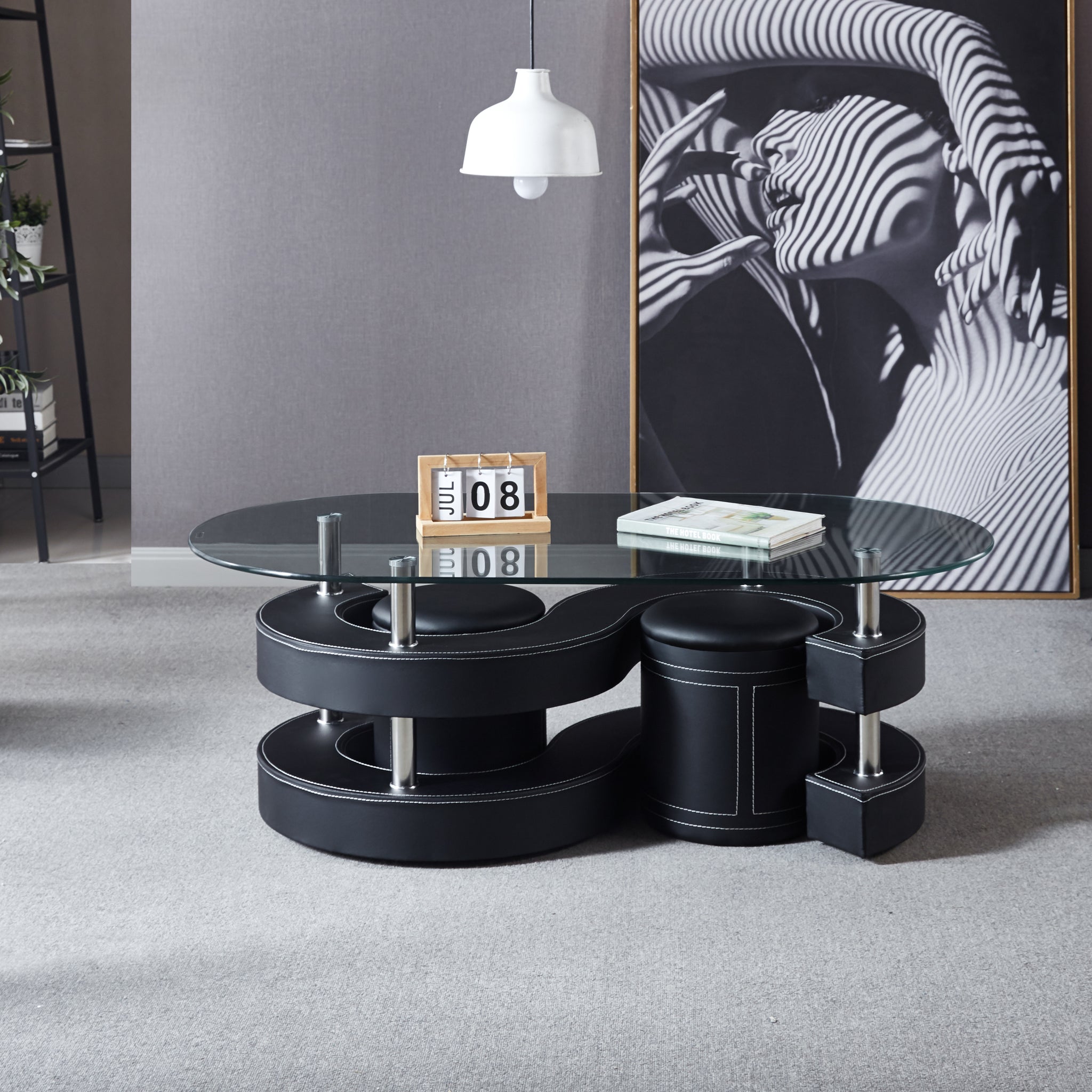 3 Pieces Coffee Table Set, Oval 10Mm 0.39" Thick Tempered Glass Table And 2 Leather Stools Black Tempered Glass