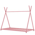 Metal Twin Size House Platform Bed With Triangle Structure, Pink Pink Metal