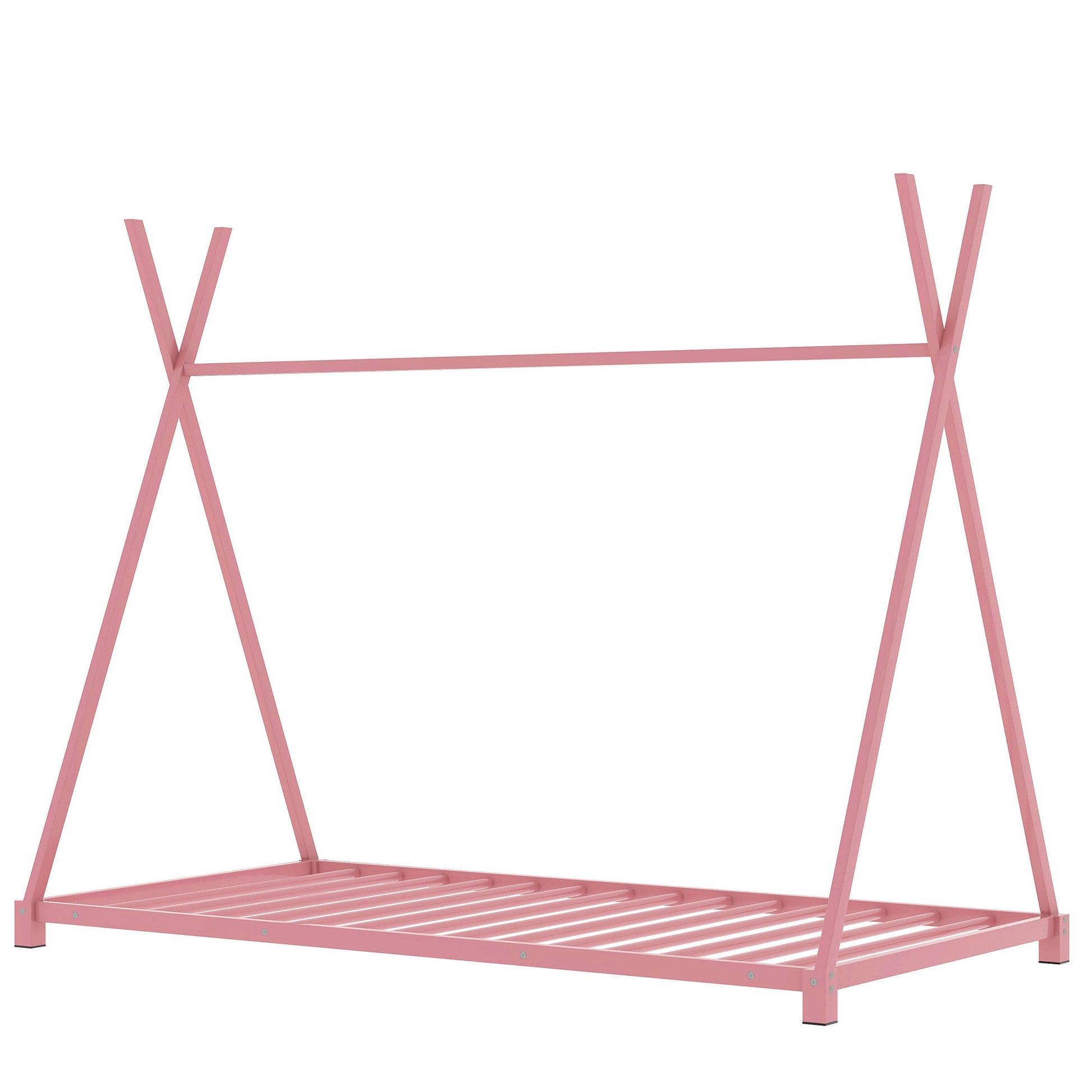 Metal Twin Size House Platform Bed With Triangle Structure, Pink Pink Metal