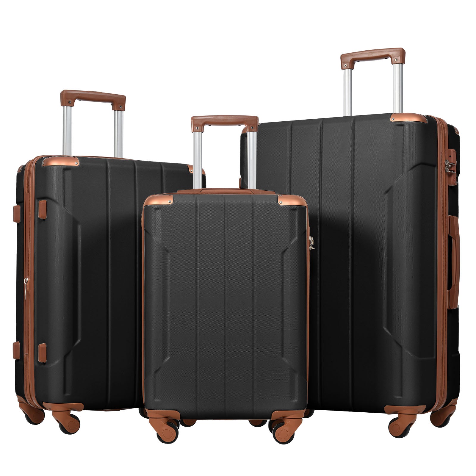 Hardshell Luggage Sets 3 Pcs Spinner Suitcase with TSA black+brown-abs