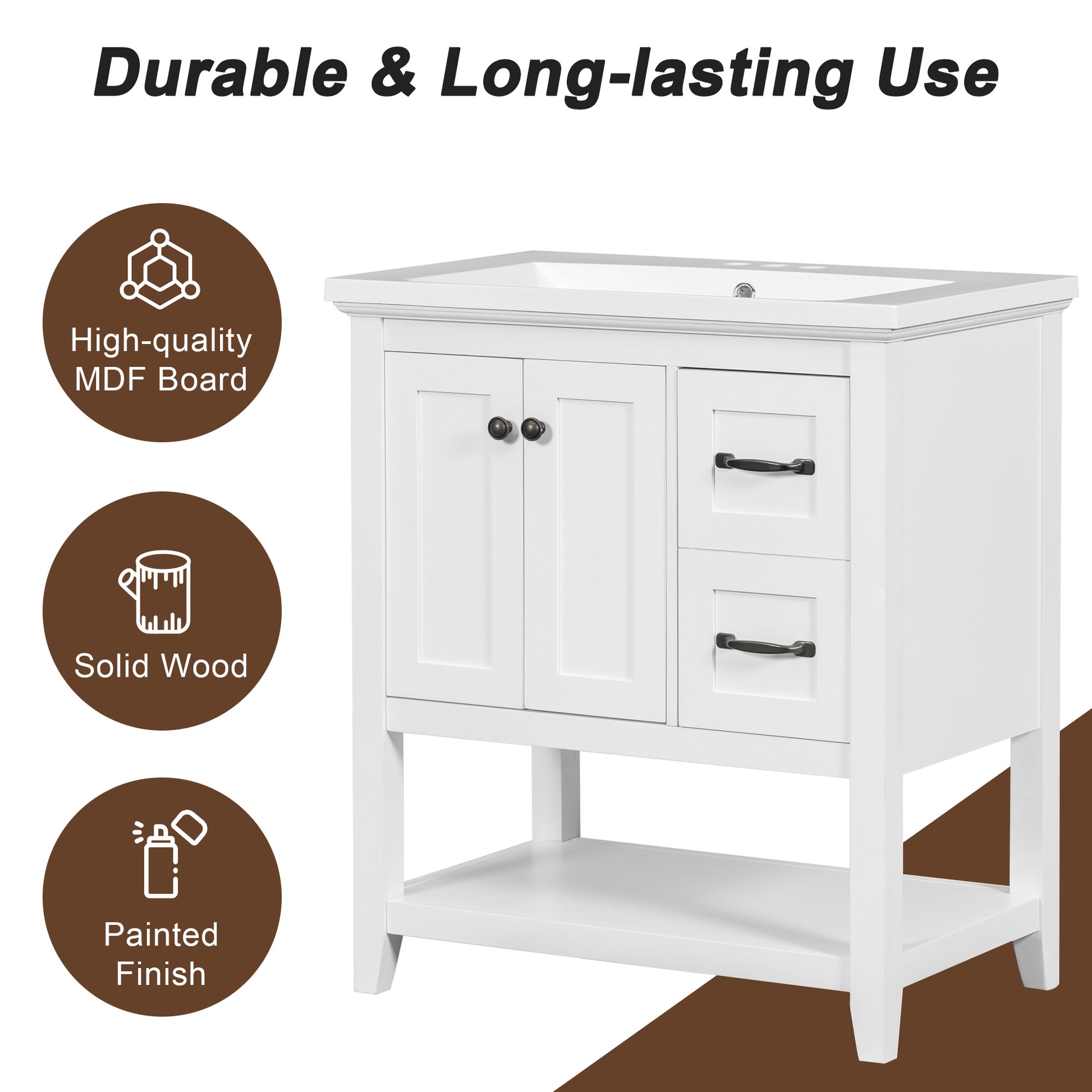 30" Bathroom Vanity With Ceramic Sink Top, Vanity Cabinet With Multi Functional Drawer, Solid Wood Legs, White White Solid Wood Mdf