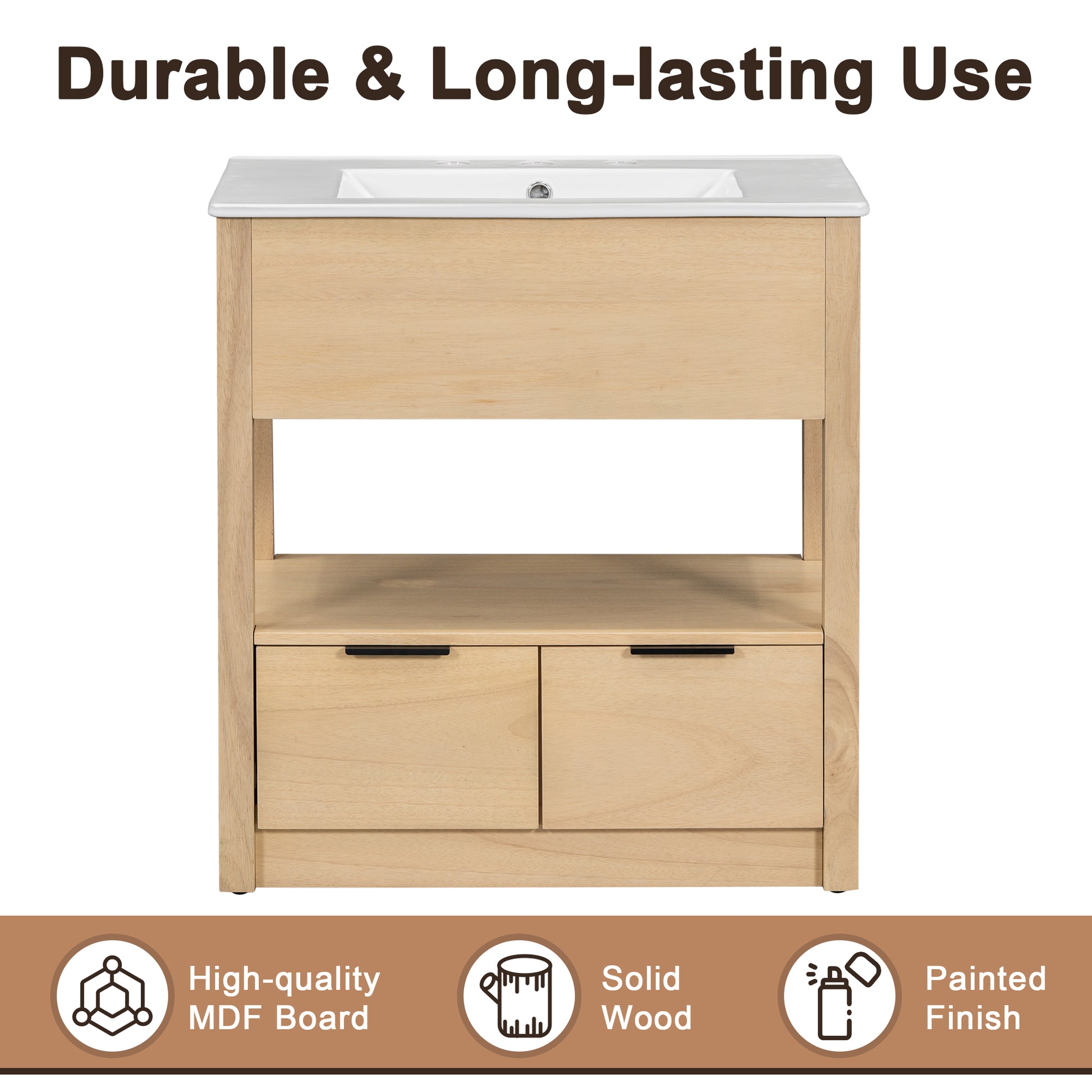 30" Bathroom Vanity With Sink Top, Bathroom Cabinet With Open Storage Shelf And Two Drawers, One Package, Natural Old Sku:Wf311619Aad Natural Solid Wood Mdf