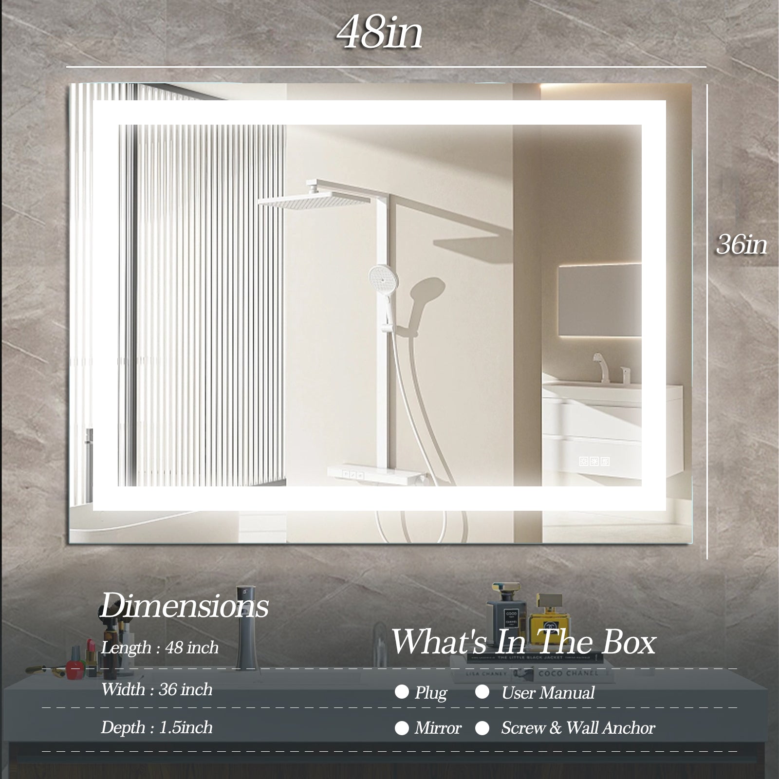 Led Bathroom Mirror 48X 36 Inch With Lights, Anti Fog & Dimming Led Bathroom Vanity Mirror Transparent Glass