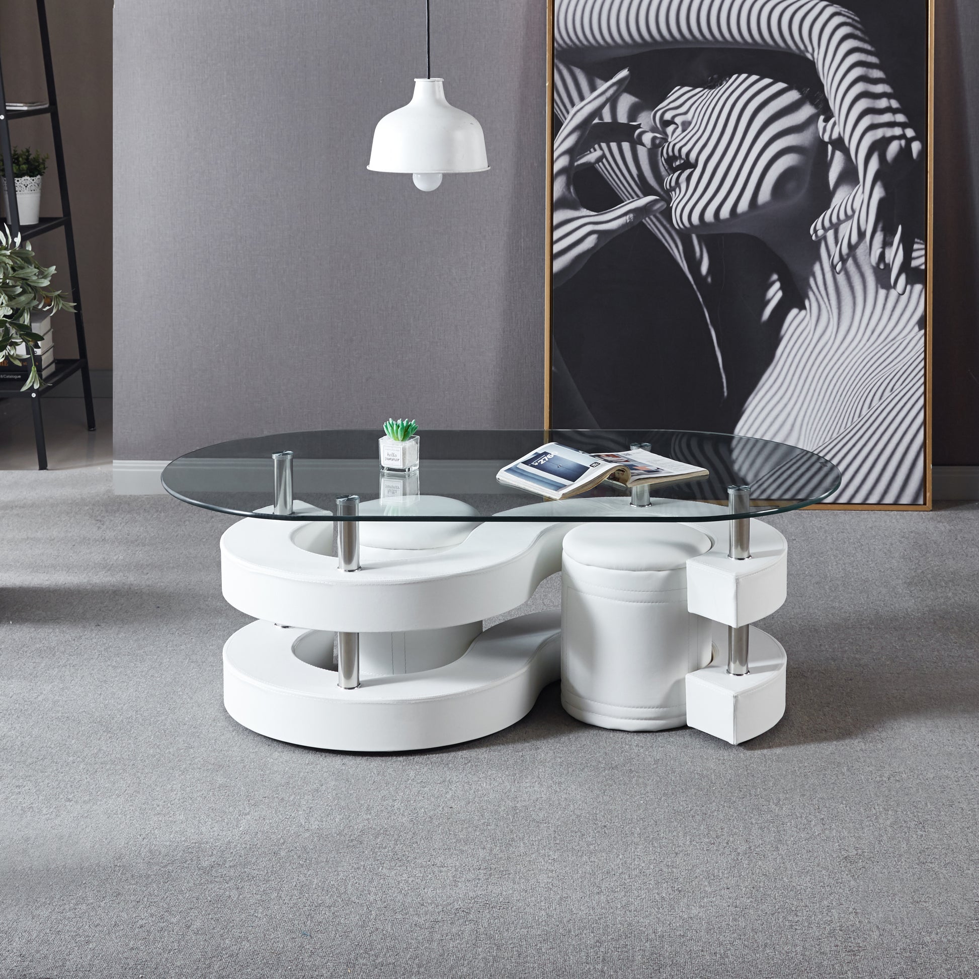 3 Pieces Coffee Table Set, Oval 10Mm 0.39" Thick Tempered Glass Table And 2 Leather Stools White Tempered Glass