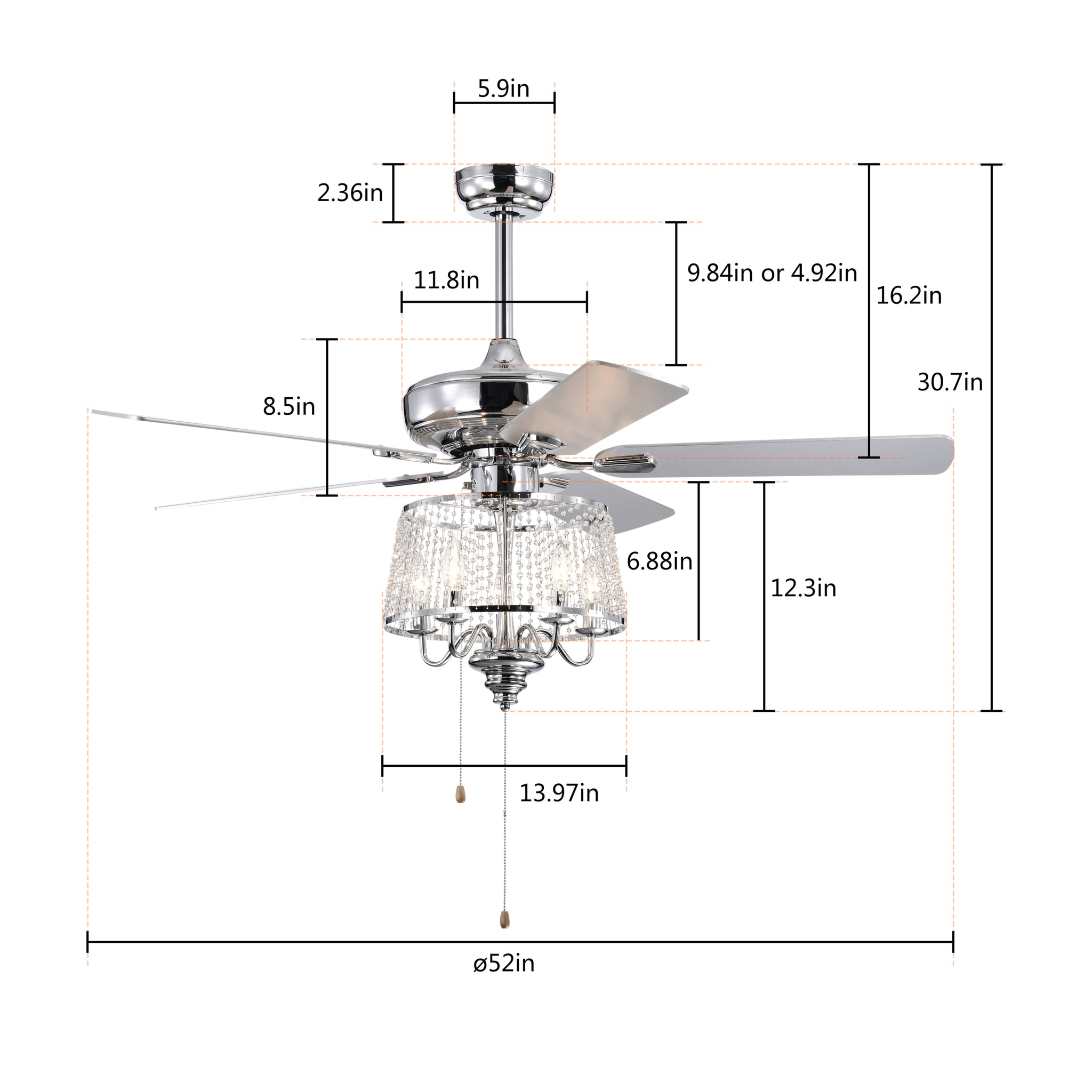 52 Inch Crystal Ceiling Fan , Modern Electrical Fan chrome-contemporary-modern-crystal-metal