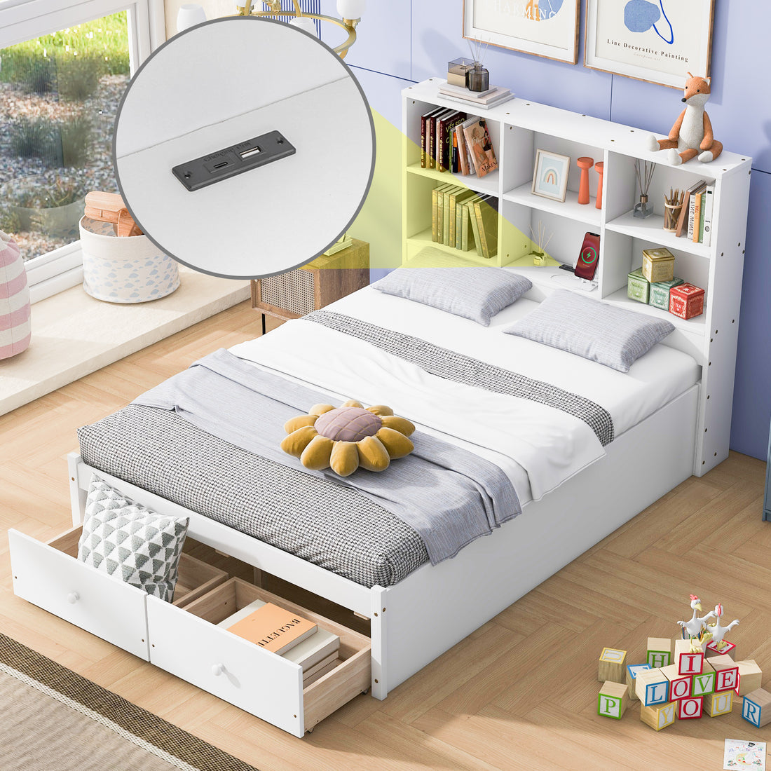 Full Size Platform Bed With Storage Headboard, Charging Station And 2 Drawers, White Box Spring Not Required Full White Wood Bedroom Bed Frame Solid Wood Mdf