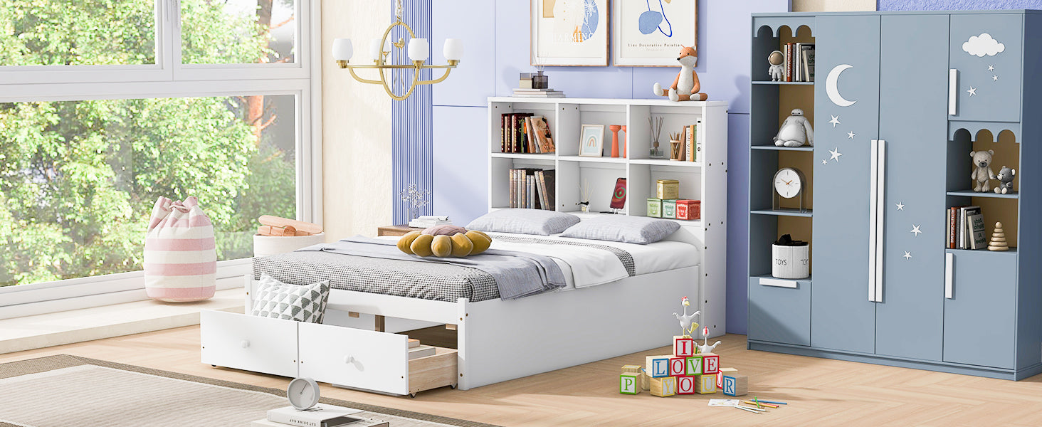 Full Size Platform Bed With Storage Headboard, Charging Station And 2 Drawers, White Box Spring Not Required Full White Wood Bedroom Bed Frame Solid Wood Mdf