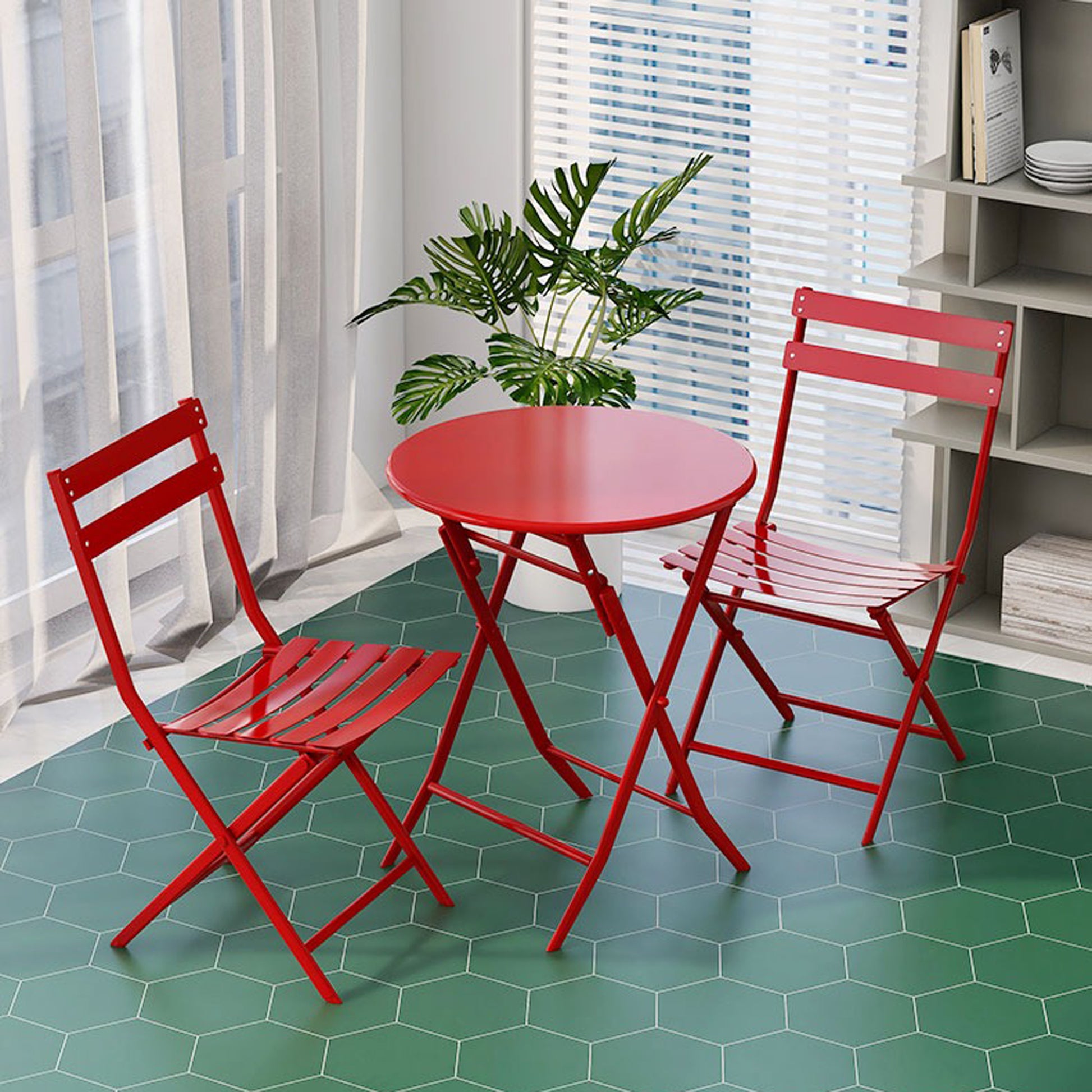 3 Piece Patio Bistro Set Of Foldable Round Table And Chairs, Red No Red Metal