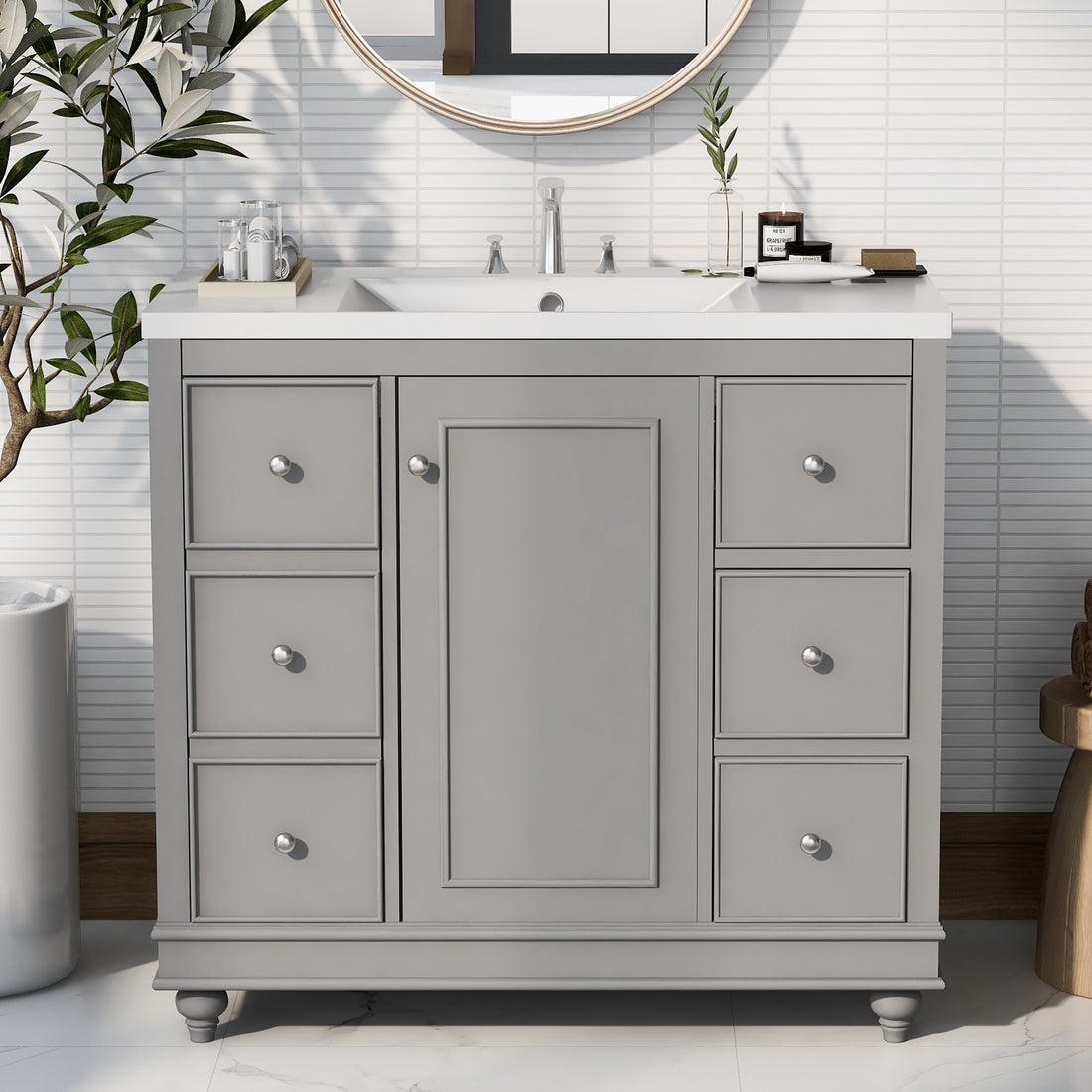 Contemporary Gray Bathroom Vanity Cabinet 36X18X34 Inches, 4 Drawers & 1 Cabinet Door, Multipurpose Storage, Resin Integrated Sink, Adjustable Shelves, Solid Wood Frame With Mdf Gray Modern Solid Wood Mdf Resin