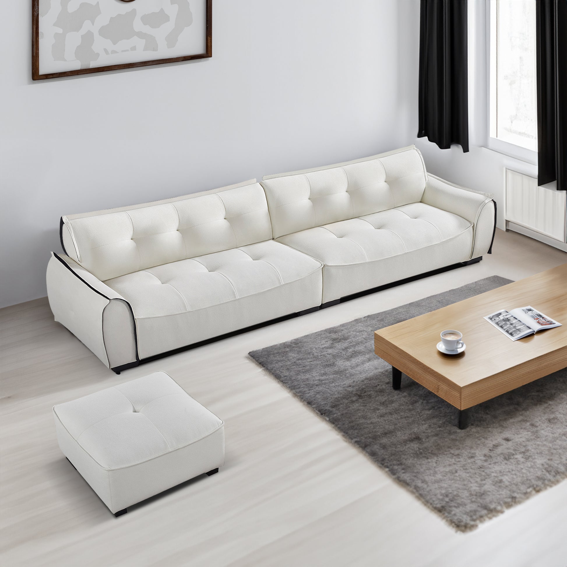 137.80" Chenille Sofa,4 Seater Modern Sofa Couch With Ottoman,Comfy Upholstered Sofa For Living Room White Chenille Wood Eucalyptus Foam 4 Seat