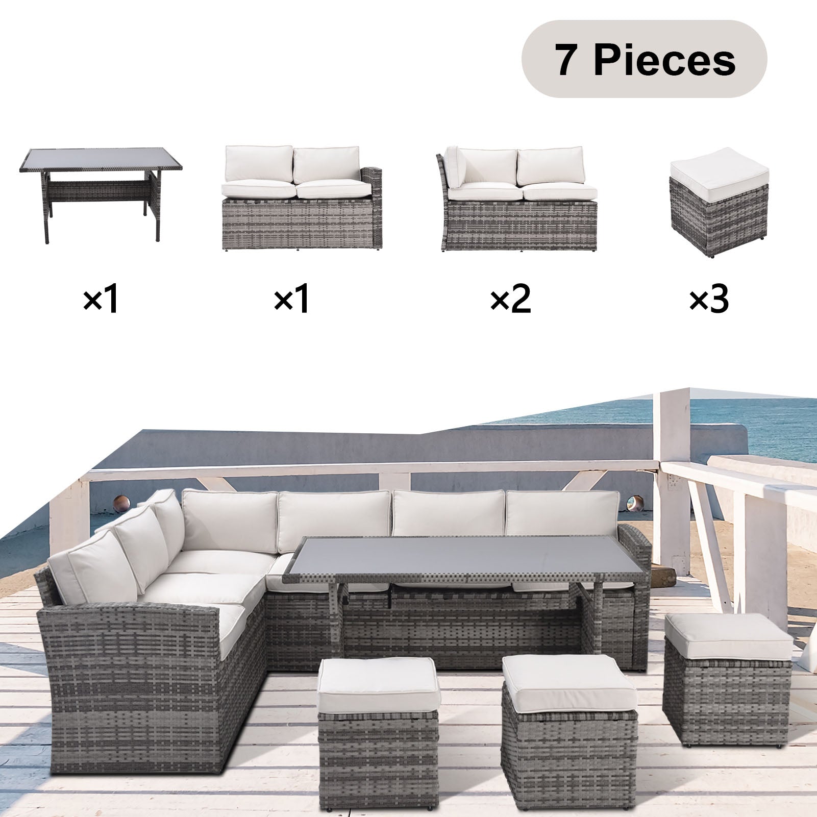 Outdoor Patio Furniture Set,7 Pieces Outdoor Sectional Conversation Sofa With Dining Table,Chairs And Ottomans,All Weather Pe Rattan And Steel Frame,With Backrest And Removable Cushions Grey Beige Yes Dining Set Gray Beige Weather Resistant Frame Garden