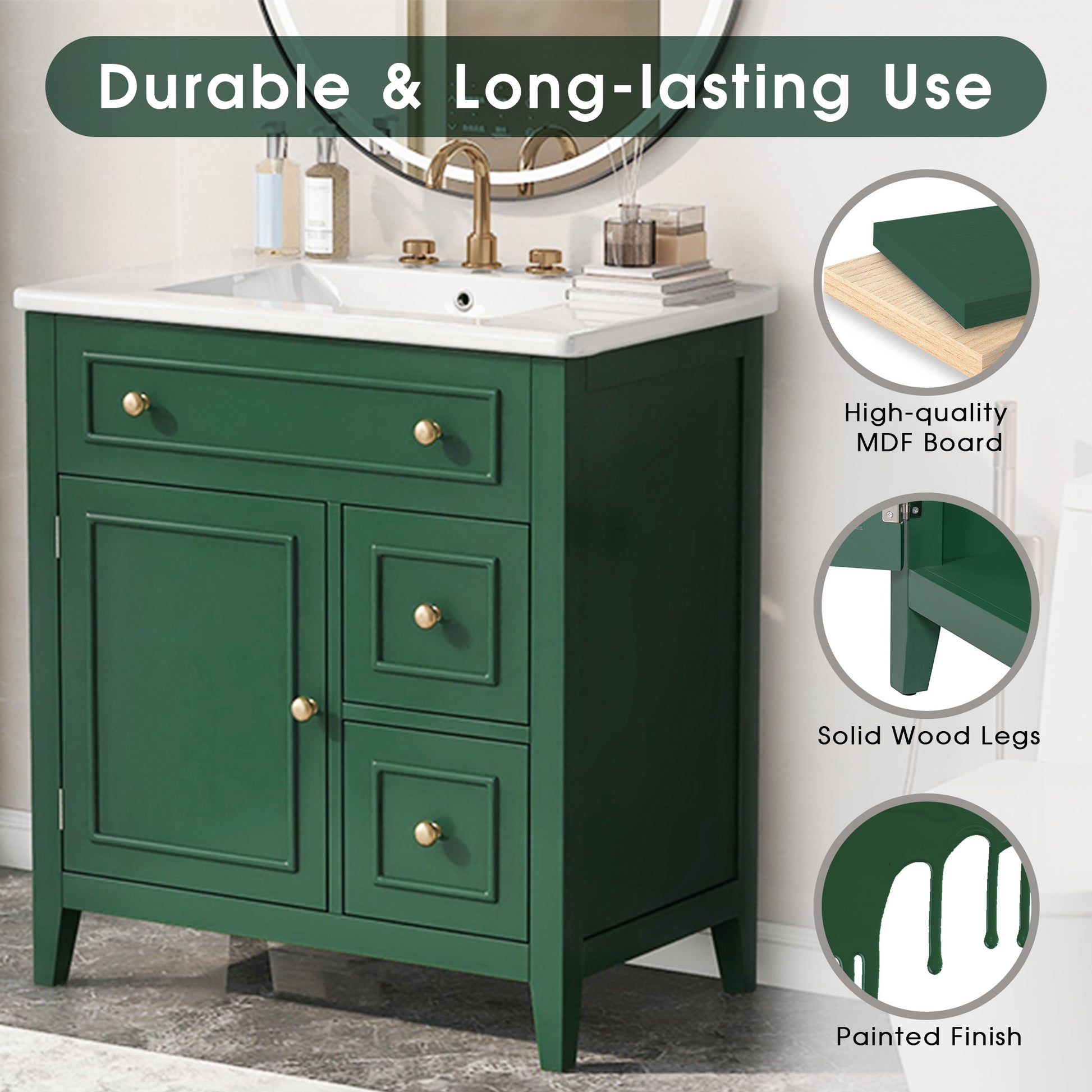 30" Bathroom Vanity With Sink Top, Bathroom Vanity Cabinet With Door And Two Drawers, Solid Wood Frame, One Package, Green Old Sku:Wf311620Aag Green Solid Wood Mdf