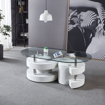 3 Pieces Coffee Table Set, Oval 10Mm 0.39" Thick Tempered Glass Table And 2 Leather Stools White Tempered Glass