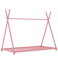 Metal Twin Size House Platform Bed With Triangle Structure, Pink Pink Metal