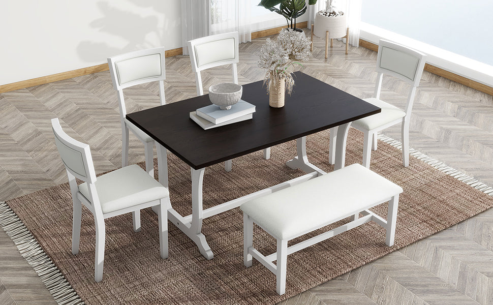 Farmhouse 6 Piece Trestle Dining Table Set With Upholstered Dining Chairs And Bench, 59Inch, White White Wood Dining Room Solid Wood Rubberwood Rectangular Dining Table With Chair And Bench Upholstered Chair Wood White Seats 6 Farmhouse Trestle Foam