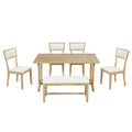 Farmhouse 6 Piece Trestle Dining Table Set With Upholstered Dining Chairs And Bench, 59Inch, Brown Brown Wood Dining Room Solid Wood Rubberwood Rectangular Dining Table With Chair And Bench Upholstered Chair Wood Brown Beige Seats 6 Farmhouse Trestle