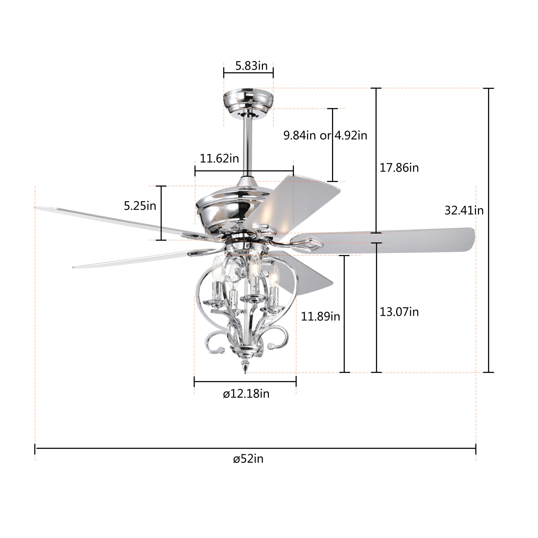 52 inch 4 Lights Ceiling Fan with 5 Wood Blades, Two silver-traditional-wood-metal