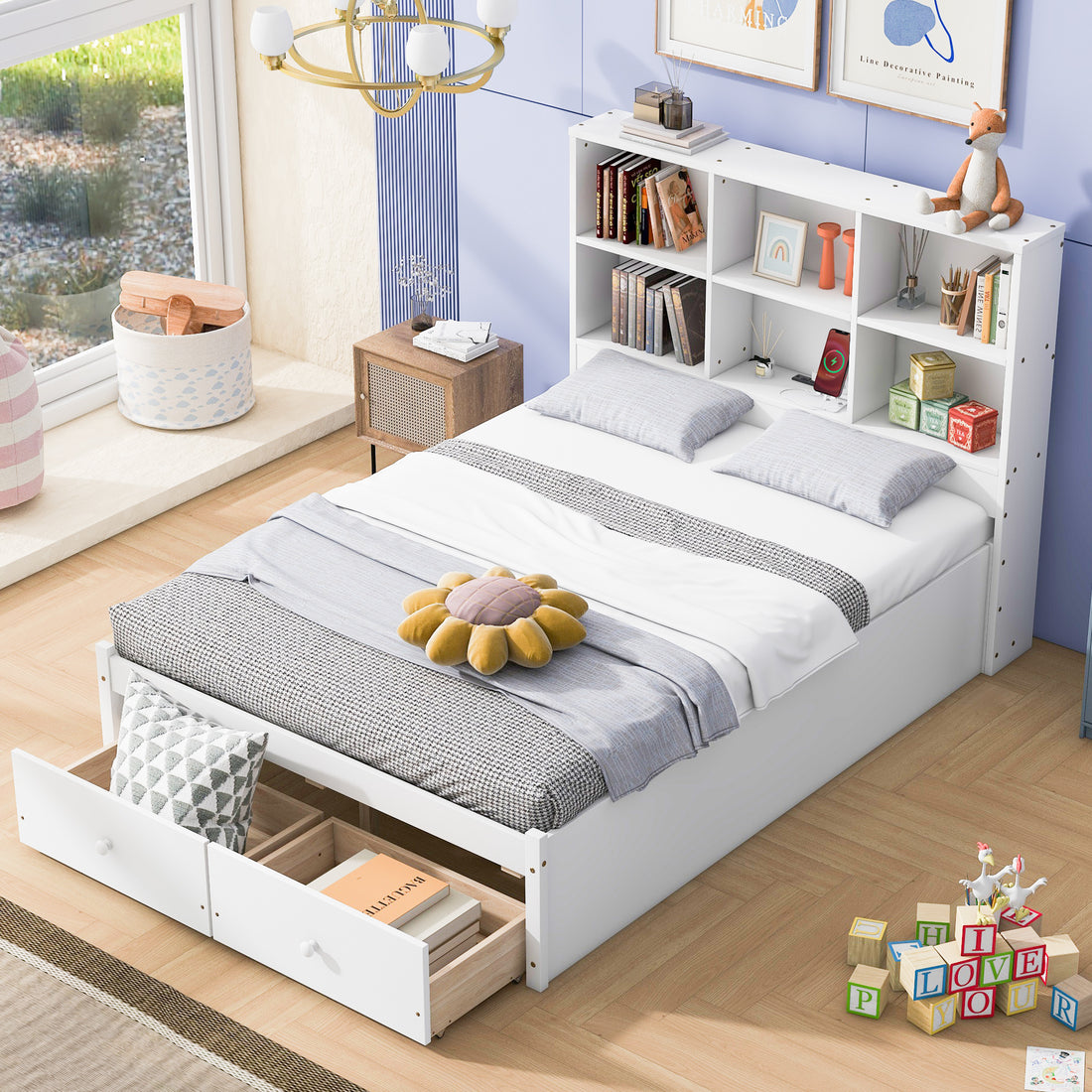 Full Size Platform Bed With Storage Headboard, Charging Station And 2 Drawers, White Box Spring Not Required Full White Wood Bedroom Bed Frame Solid Wood Mdf