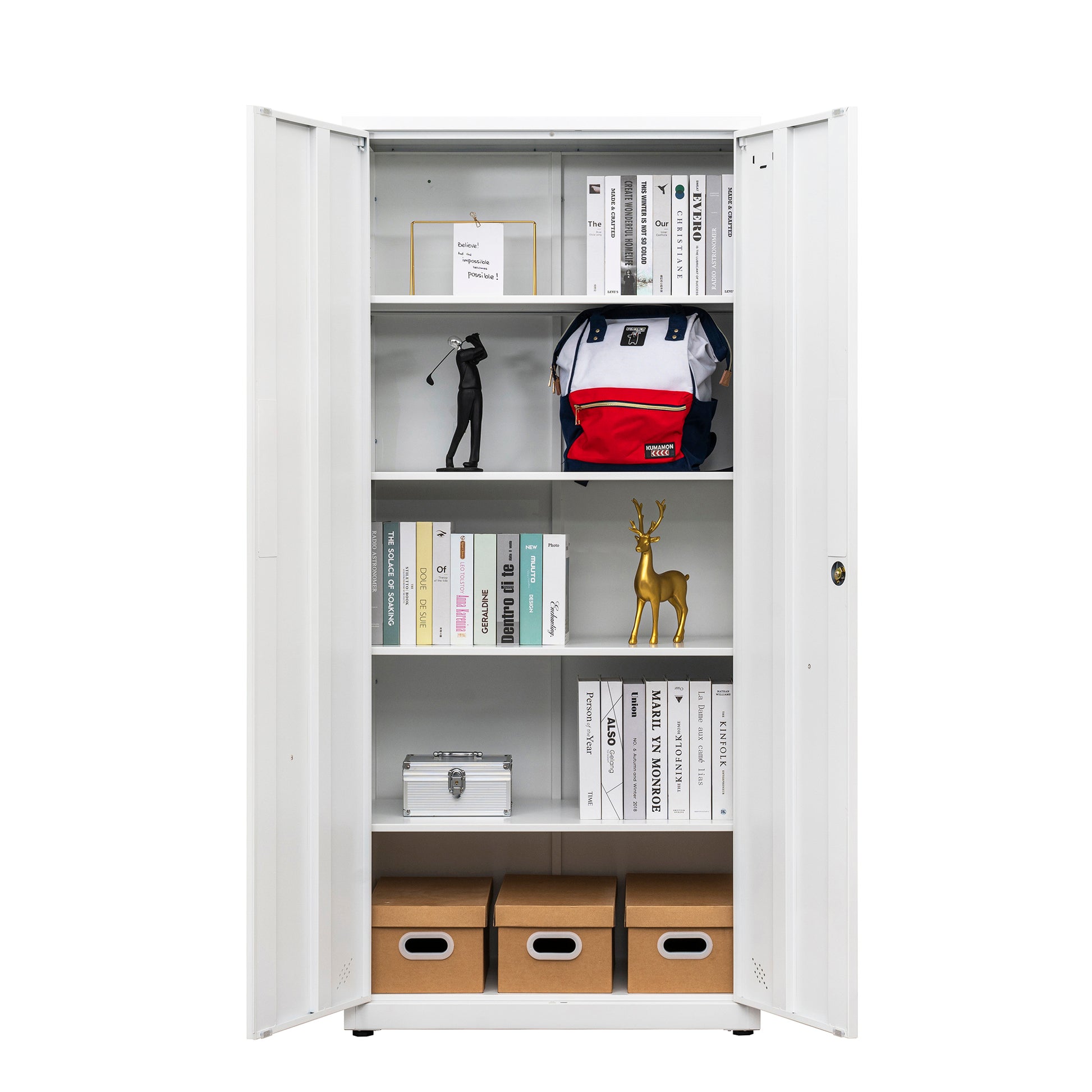 High Storage Cabinet With 2 Doors And 4 Partitions To Separate 5 Storage Spaces, Home Office Design 3 4 Shelves White Office Steel