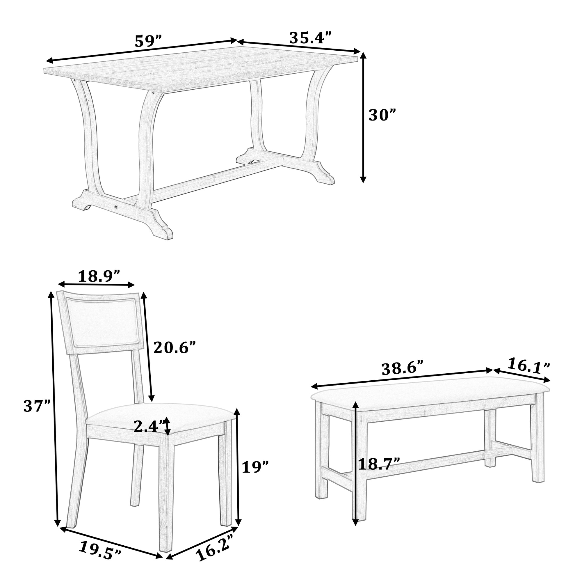 Farmhouse 6 Piece Trestle Dining Table Set With Upholstered Dining Chairs And Bench, 59Inch, Brown Brown Wood Dining Room Solid Wood Rubberwood Rectangular Dining Table With Chair And Bench Upholstered Chair Wood Brown Beige Seats 6 Farmhouse Trestle