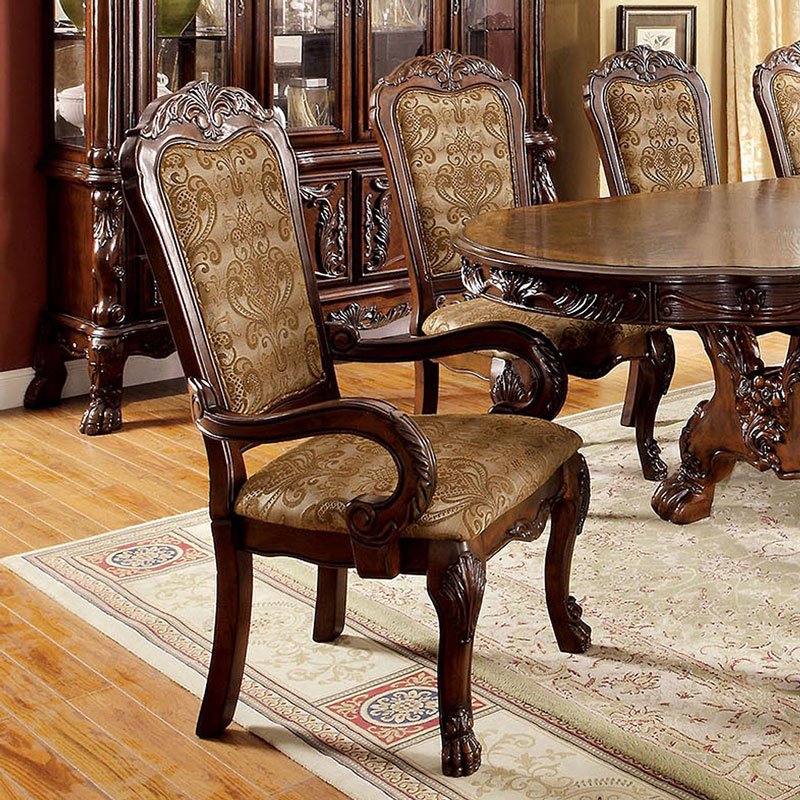 Formal Traditional Cherry Set Of 2Pc Arm Chairs Dining Room Brown Da Print Fabric Solid Wood Dining Chair Cherry Brown Dining Room Antique,Classic,Traditional Arm Chair Rubberwood Solid Wood