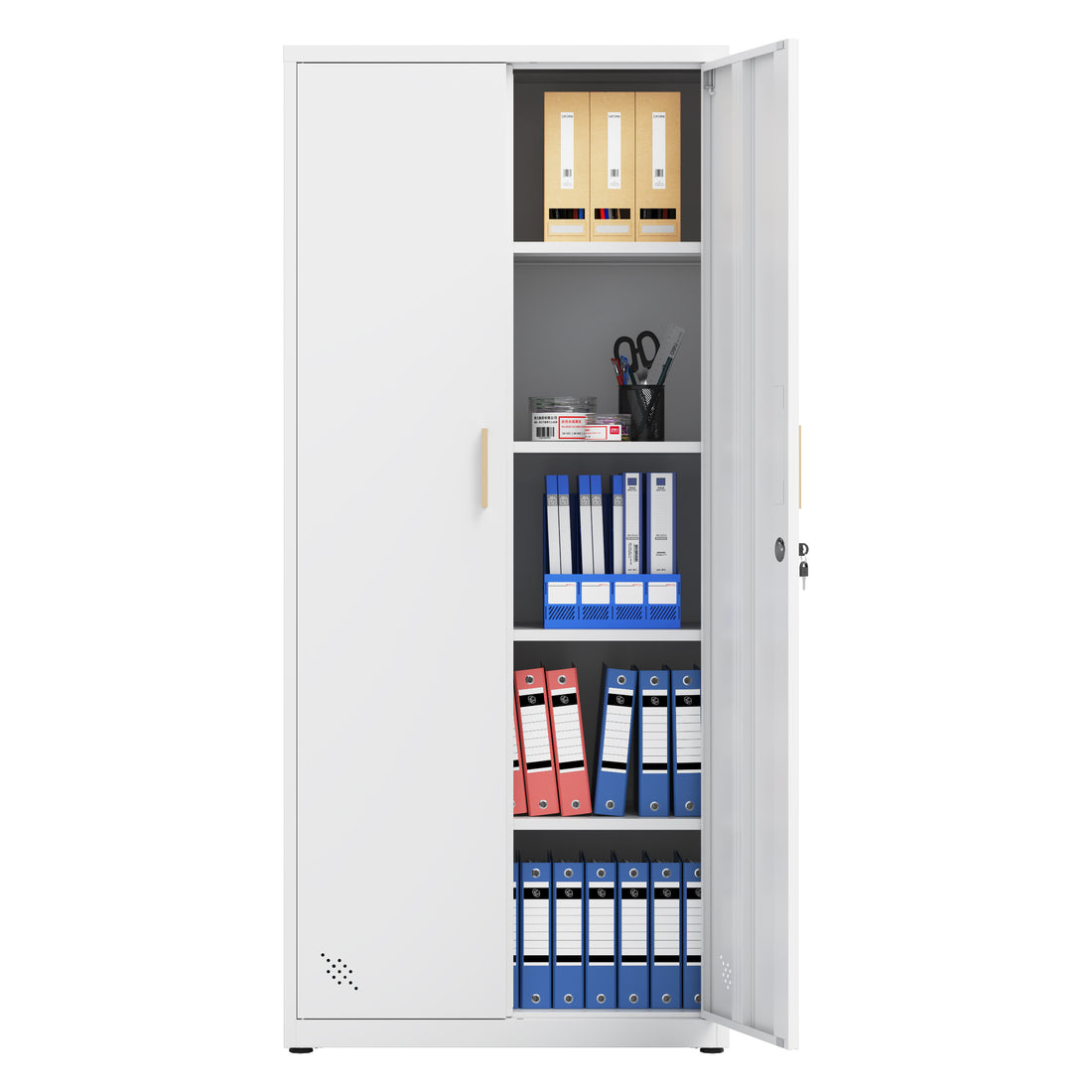 High Storage Cabinet With 2 Doors And 4 Partitions To Separate 5 Storage Spaces, Home Office Design 3 4 Shelves White Office Steel