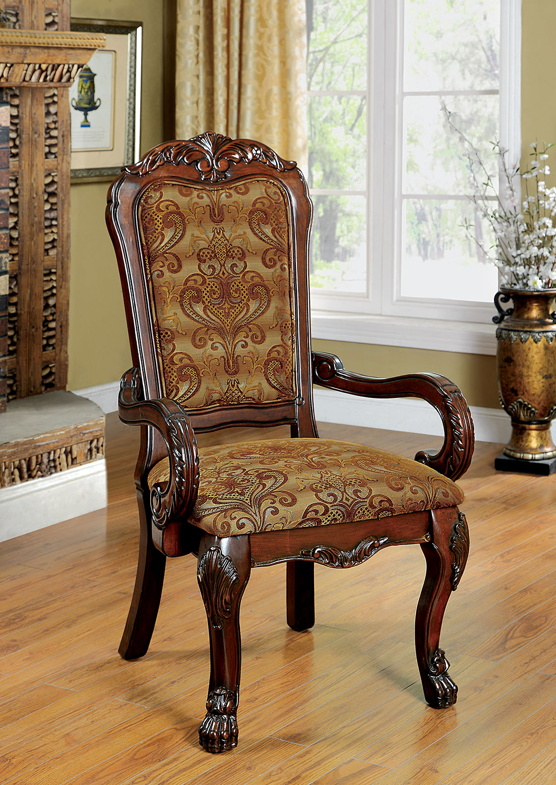 Formal Traditional Cherry Set Of 2Pc Arm Chairs Dining Room Brown Da Print Fabric Solid Wood Dining Chair Cherry Brown Dining Room Antique,Classic,Traditional Arm Chair Rubberwood Solid Wood