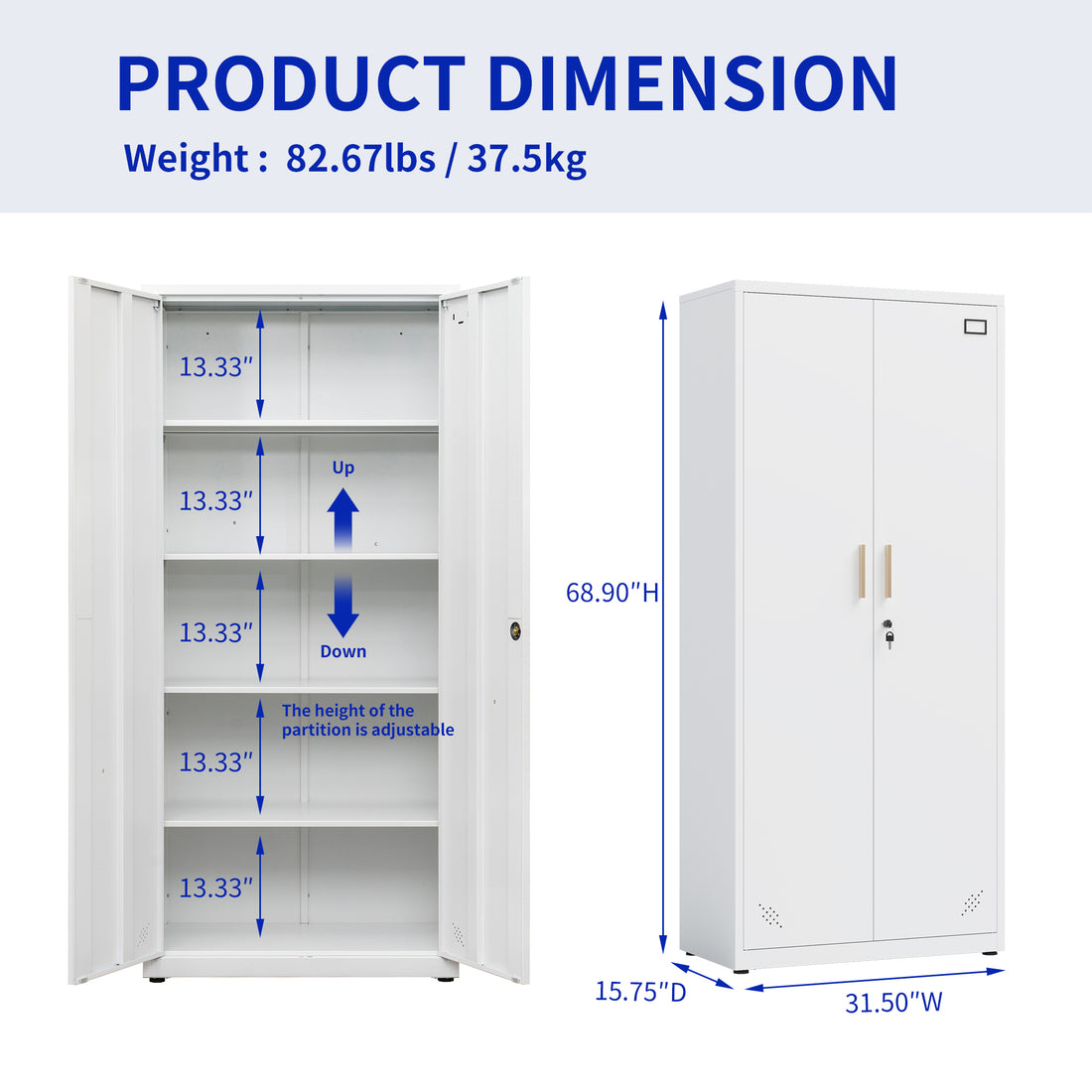 High Storage Cabinet With 2 Doors And 4 Partitions To Separate 5 Storage Spaces, Home Office Design 3 4 Shelves White Office Steel