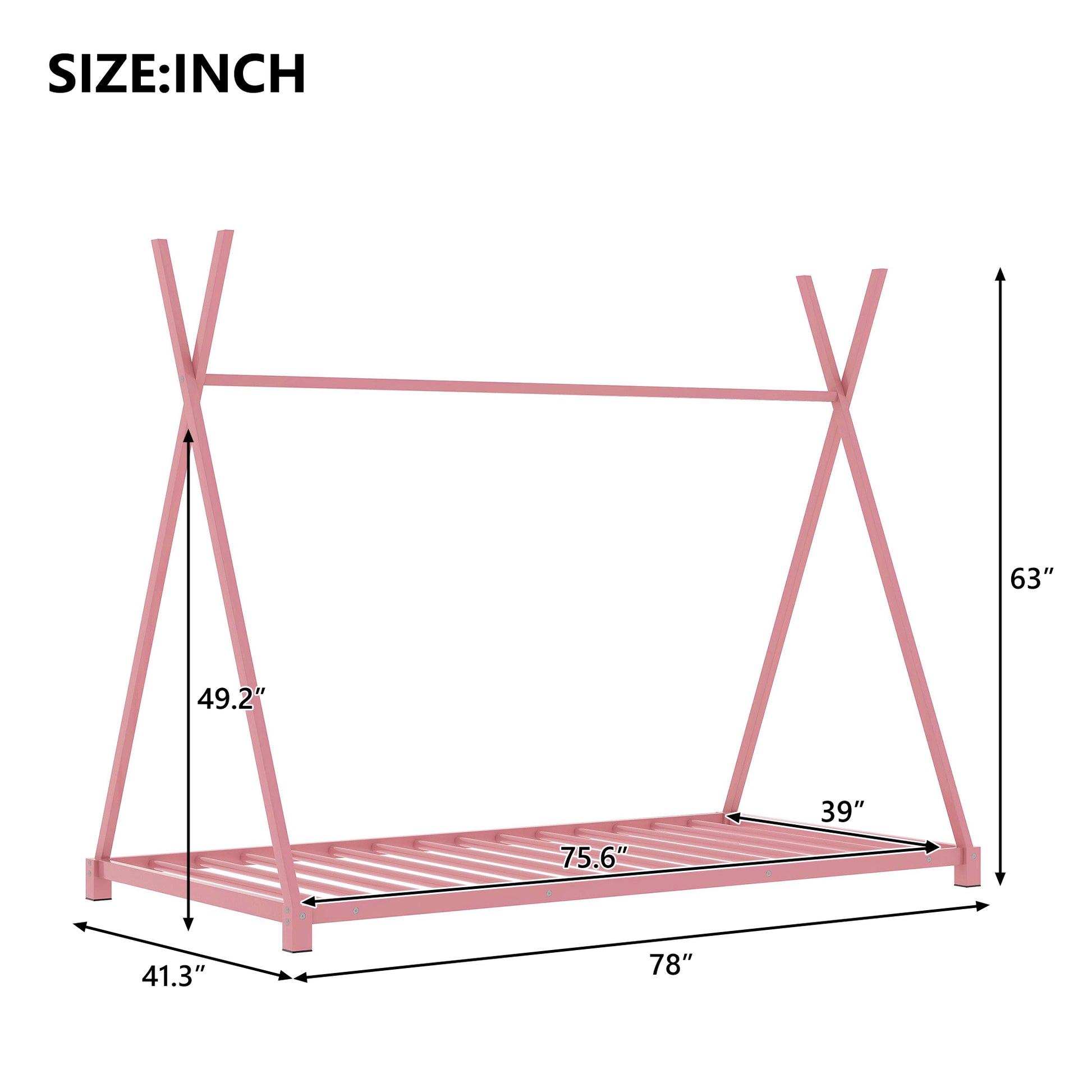 Metal Twin Size House Platform Bed With Triangle Structure, Pink Pink Metal