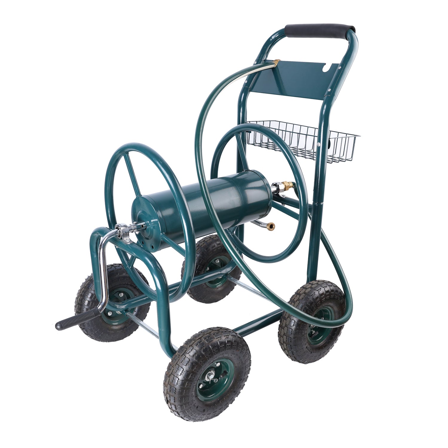 Garden Hose Reel Cart 4 Wheels Portable Garden Hose Reel Cart With Storage Basket Rust Resistant Heavy Duty Water Hose Holder Green Abs Rubber Steel Q235