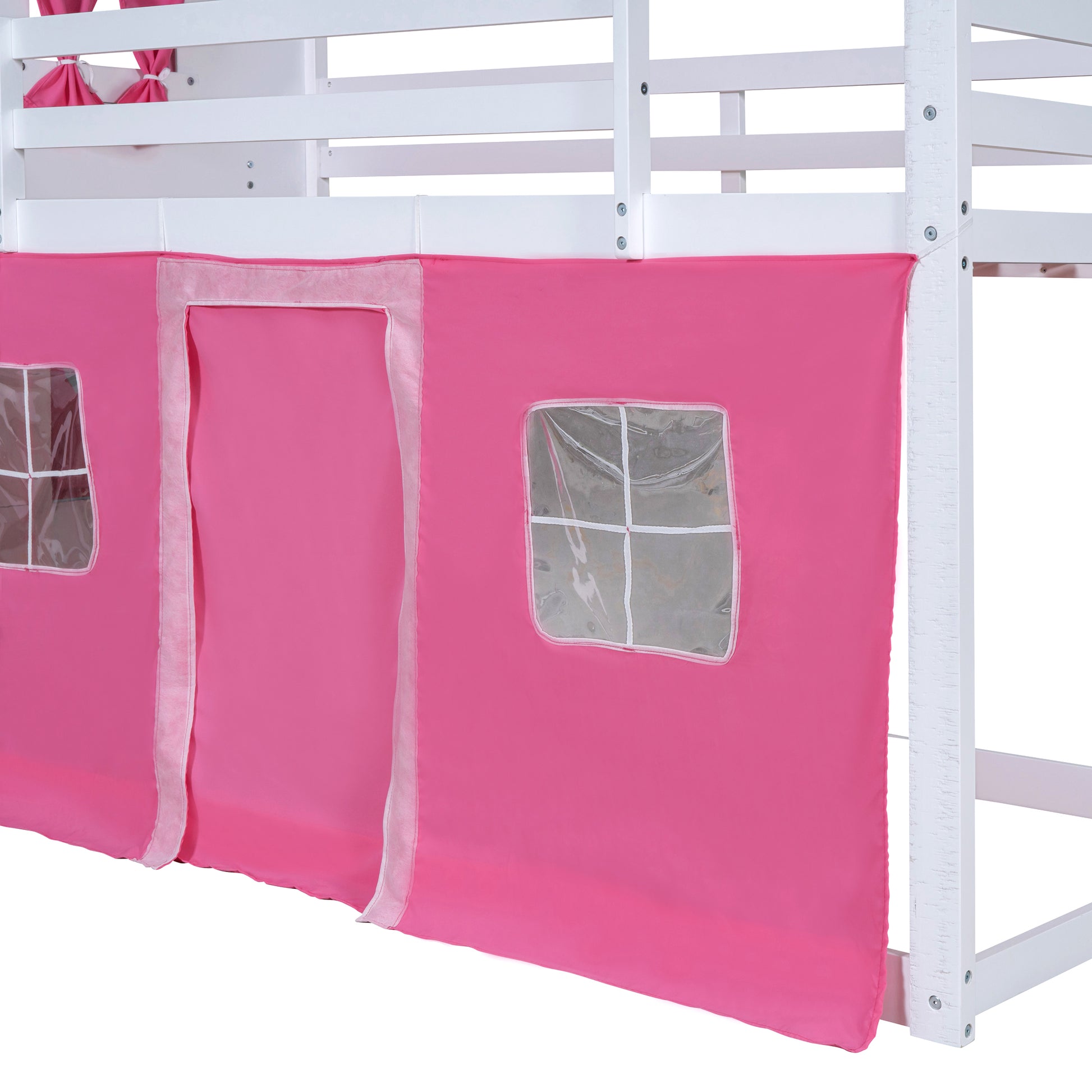 Twin Size Bunk Wood House Bed With Elegant Windows, Sills And Tent, Pink White Twin Pink White Solid Wood Mdf