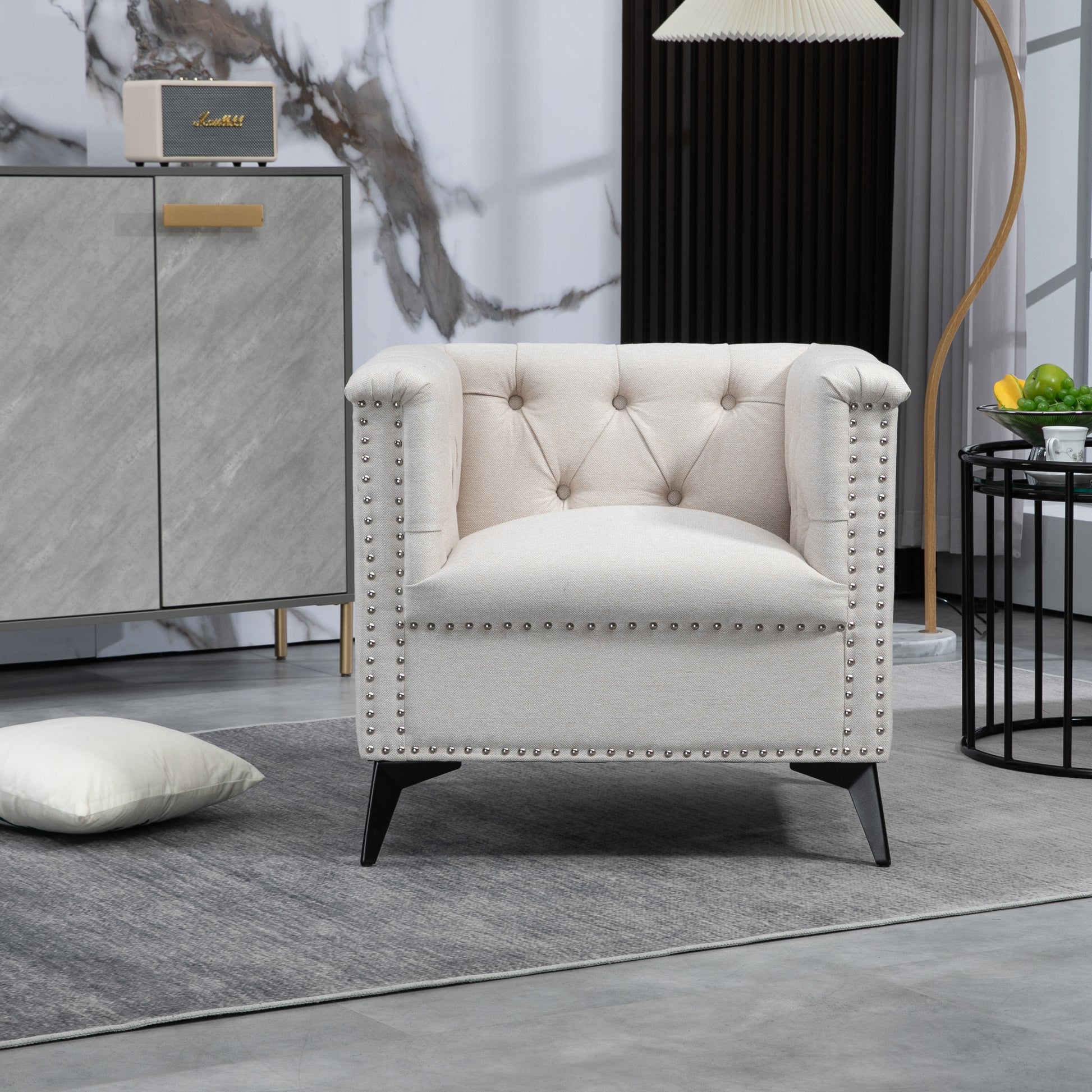 Accent Chair Living Room Chairs Single Sofa Chair,Arm Chairs With Linen Fabric, Mid Century Accent Arm Chairs Comfy Reading Lounge Club Armchair For Bedroom Office Study Beige Metal