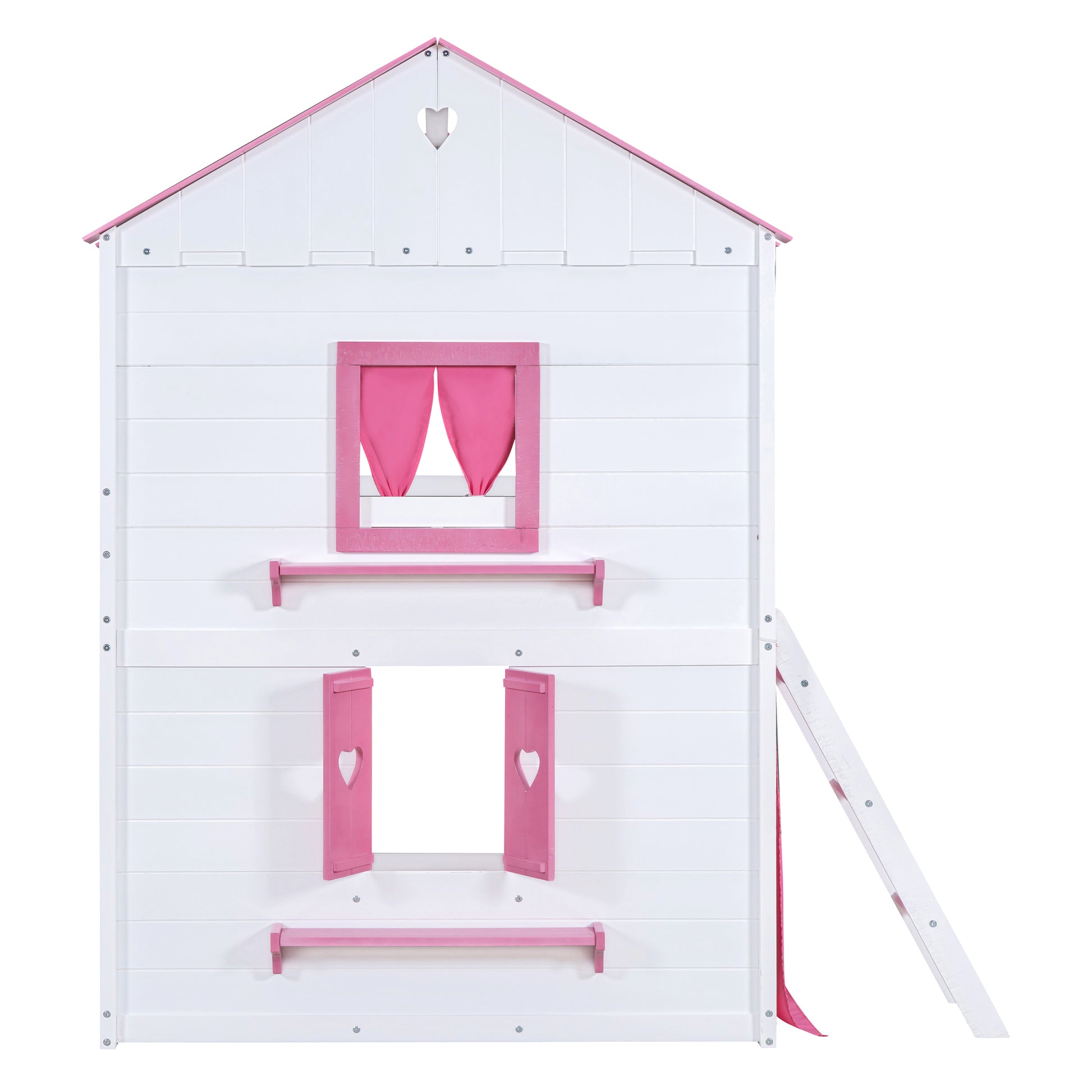 Full Size Bunk Wood House Bed With Elegant Windows, Sills And Tent, Pink White White Pink Solid Wood Mdf