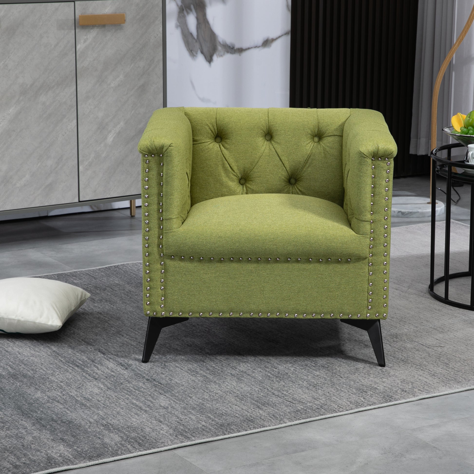 Accent Chair Living Room Chairs Single Sofa Chair,Arm Chairs With Linen Fabric, Mid Century Accent Arm Chairs Comfy Reading Lounge Club Armchair For Bedroom Office Study Green Metal