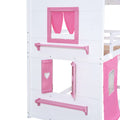 Twin Size Bunk Wood House Bed With Elegant Windows, Sills And Tent, Pink White Twin Pink White Solid Wood Mdf