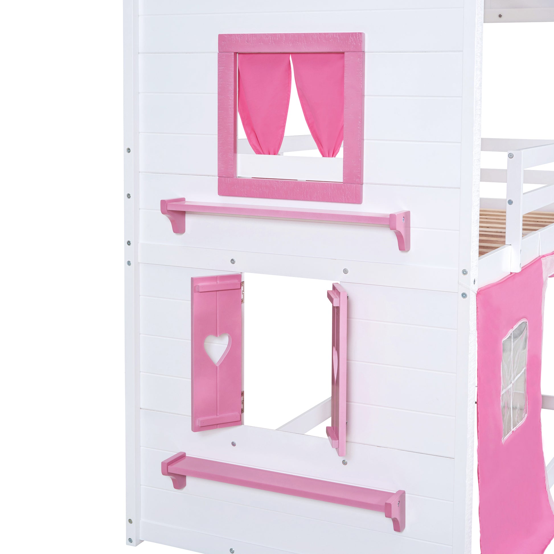 Twin Size Bunk Wood House Bed With Elegant Windows, Sills And Tent, Pink White Twin Pink White Solid Wood Mdf