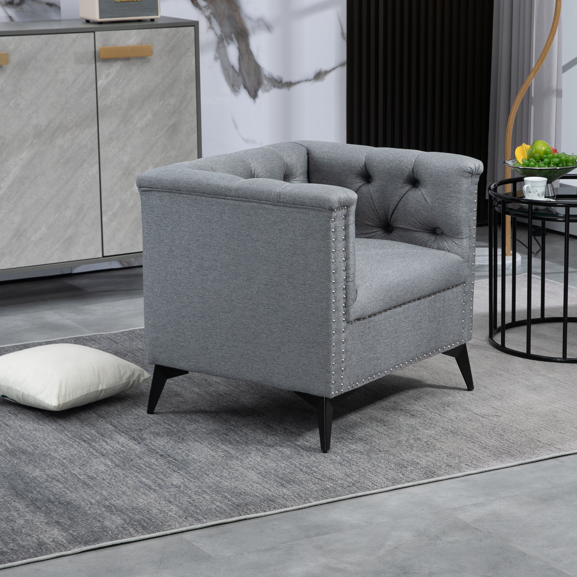 Accent Chair Living Room Chairs Single Sofa Chair,Arm Chairs With Linen Fabric, Mid Century Accent Arm Chairs Comfy Reading Lounge Club Armchair For Bedroom Office Study Gray Metal